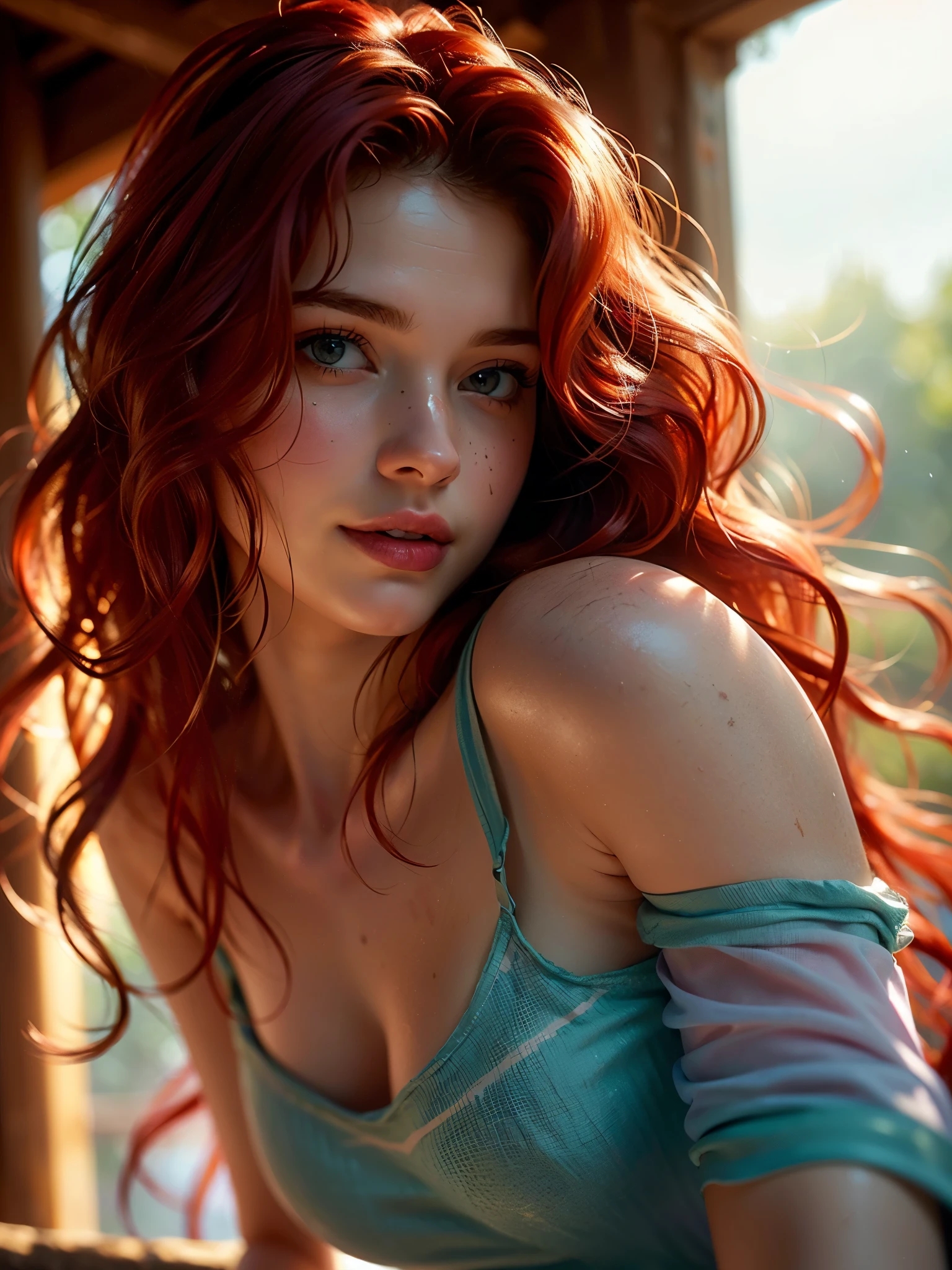 (((ultra realistic))) Photo, masterpiece, top quality, (pale skin), (Ultra detailed face and eyes:1.3), 1 girl, Adult, in a T-shirt, ((Eye makeup, pink mascara)), ((A slight smile)), ((large detailed lips)), ((red hair in the wind wavy long messy hair)), ((Chyolka)) , (Natural large breasts), Slim waist. ((Posing)), photoshoot, studio (soft lighting), (The play of light and shadows), depth of field, bokeh, (special attention to skin detail: 1.2), Detailed leather texture, dimples. (Warm atmosphere of the frame. Color range - purple, Pink, blue tones), UDR, ((Film grain)), ((rays)), (Glare), ((waist up portrait)) , ultra detailed, smiling