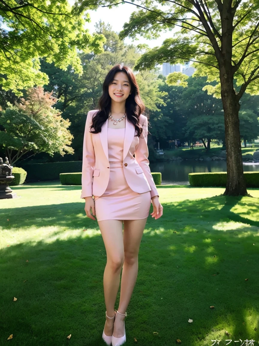 (RAW Photos:1.2), (Realistic:1.4),Beautiful detailed woman,非常にFine grainと顔, Fine grain, Very detailed,High resolution, Very detailed,highest quality,Awareness-raising,Unified,8k wallpaper,masterpiece,highest quality,1 female,alone,rich,Whole Body Ezbian,(A little chubby:0.9),Toned figure,,Narrow waist,alone,(Pink one piece suit,mini skirt,High heels),Jewelry Necklace Medium Long Hair,A kind smile,A dignified atmosphere,black eye,Realistic,Central Park , (Morning Park:1.1)