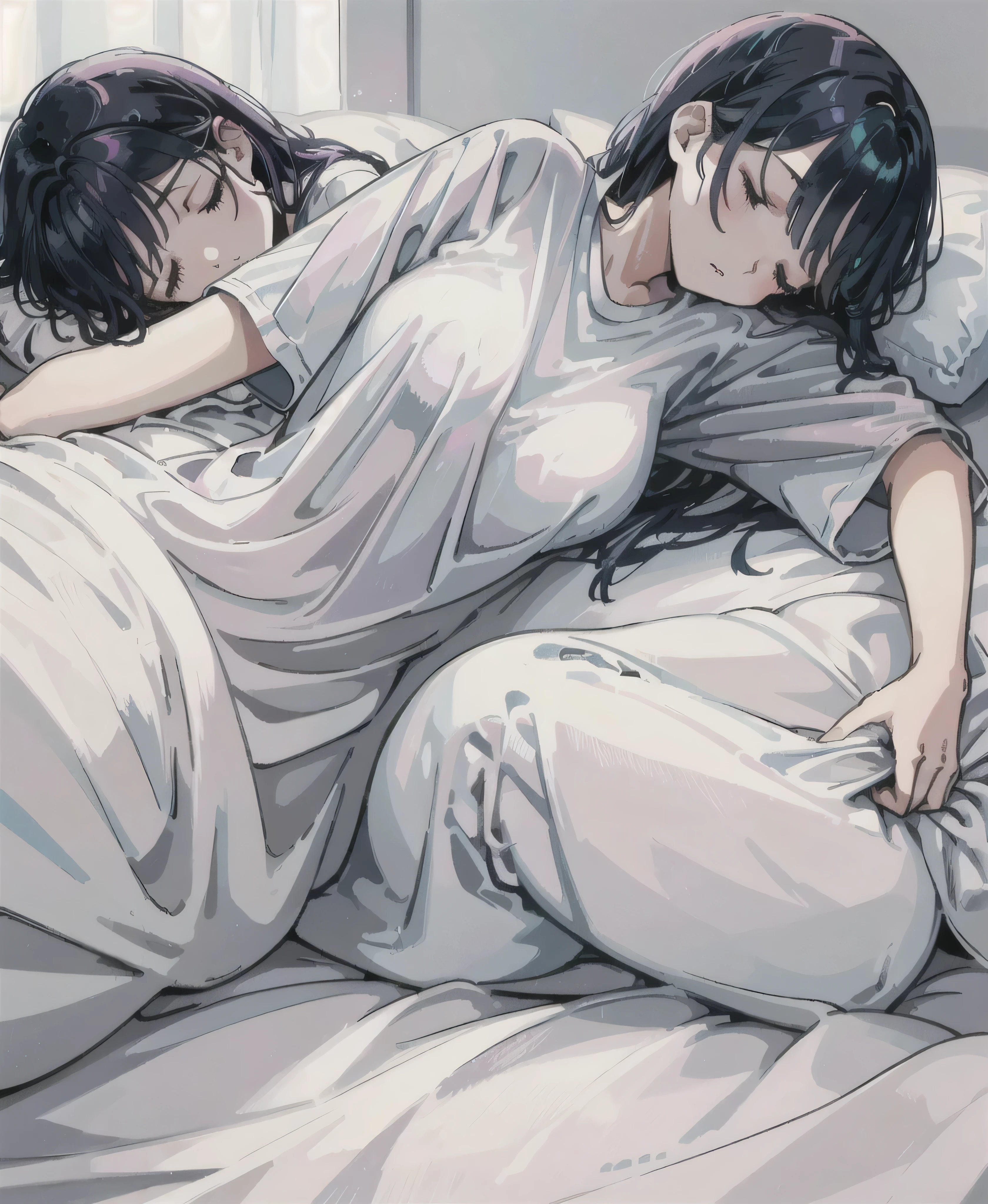 Refreshing morning light, iridescent highlights, A cool woman around 25 years old, sleepy、 Sleeping on white sheets,Navy blue long hair, Wearing a baggy T-shirt