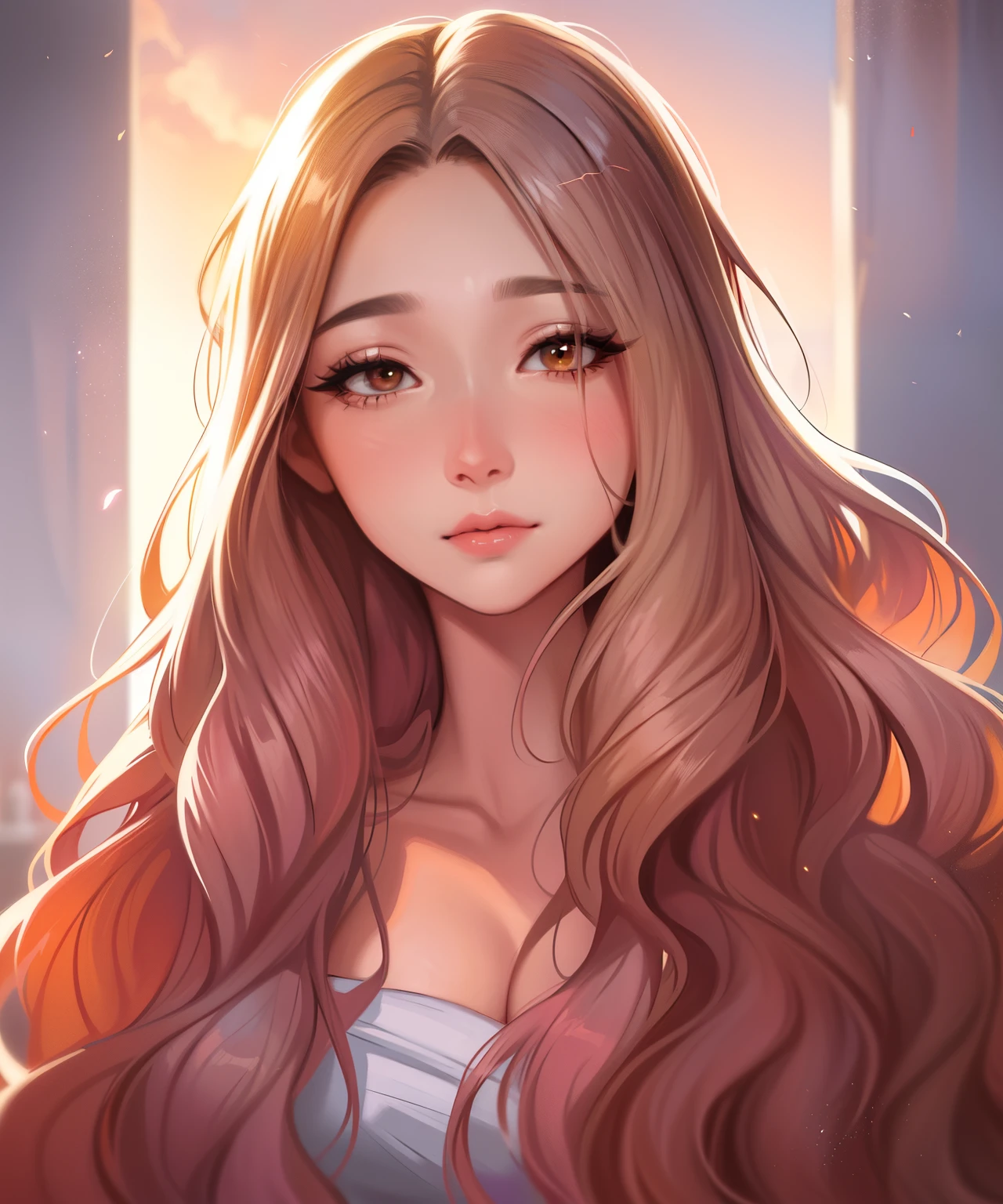 A painting of a woman with long wavy hair, inspired by Ross Tran, long and bouncy spiral curls, Soft sunset lighting, Stunningly detailed UHD 4K art, Delicate dress and beautiful face, Pretty in pink, Realistic portrait of a lovely lady, Magali Villeneuve's wavy tresses, Ultra-realistic caricature, Caressed by the wind.