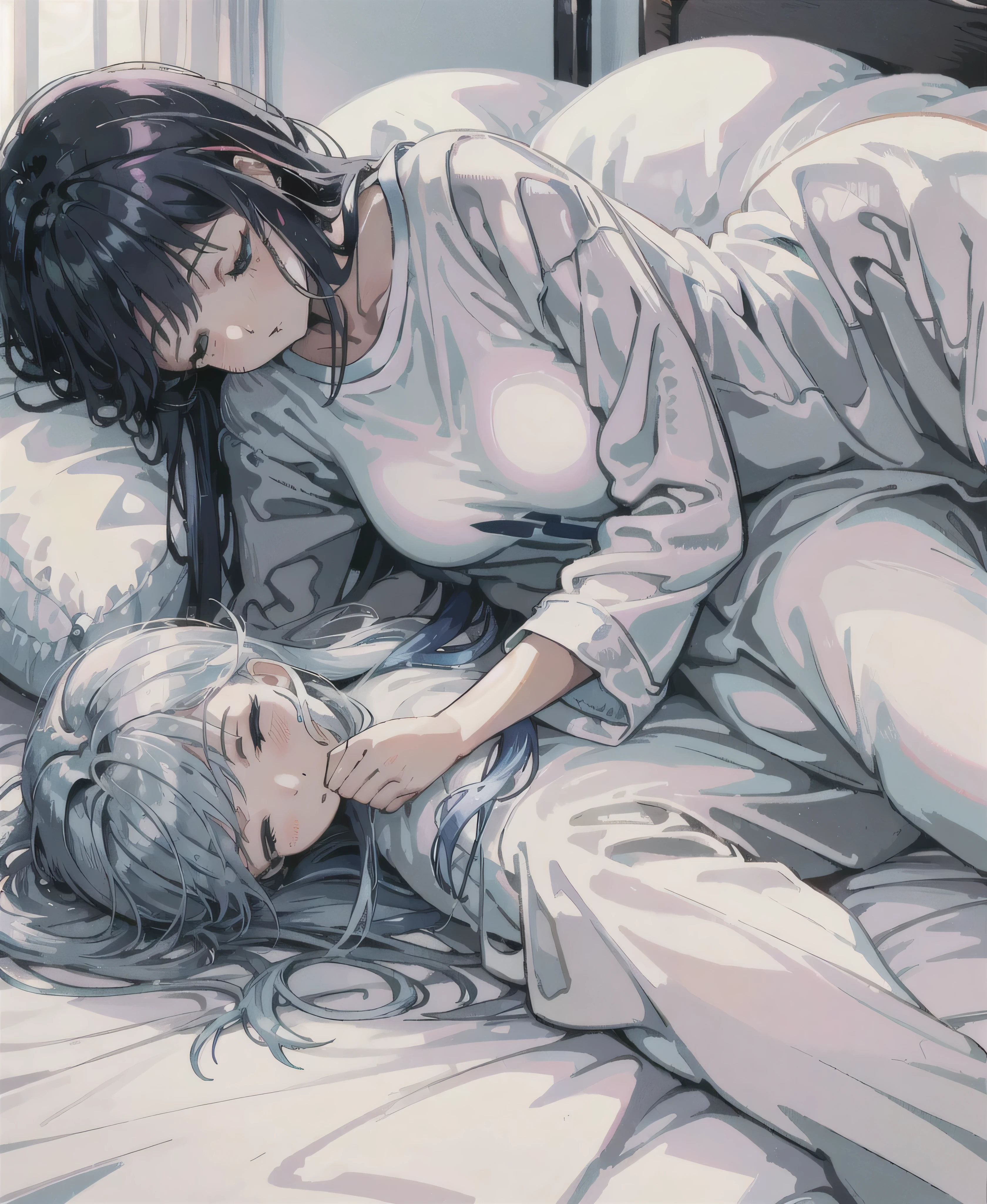 Refreshing morning light, iridescent highlights, A cool woman around 25 years old, sleepy、 Sleeping on white sheets,Navy blue long hair, Wearing a baggy T-shirt