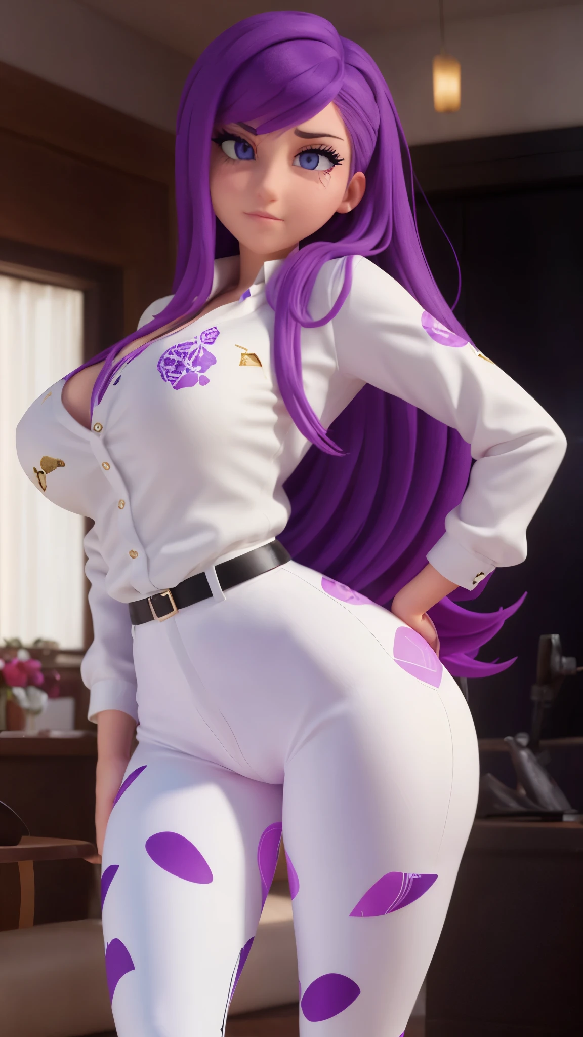 She sports striking purple hair that reaches her back. Her hazel eyes add warmth to her expression. She dresses in a modern outfit, with a printed white blouse and black pants that reflect her more relaxed but chic style. Big , big hip, big legs, big ass, NSFW