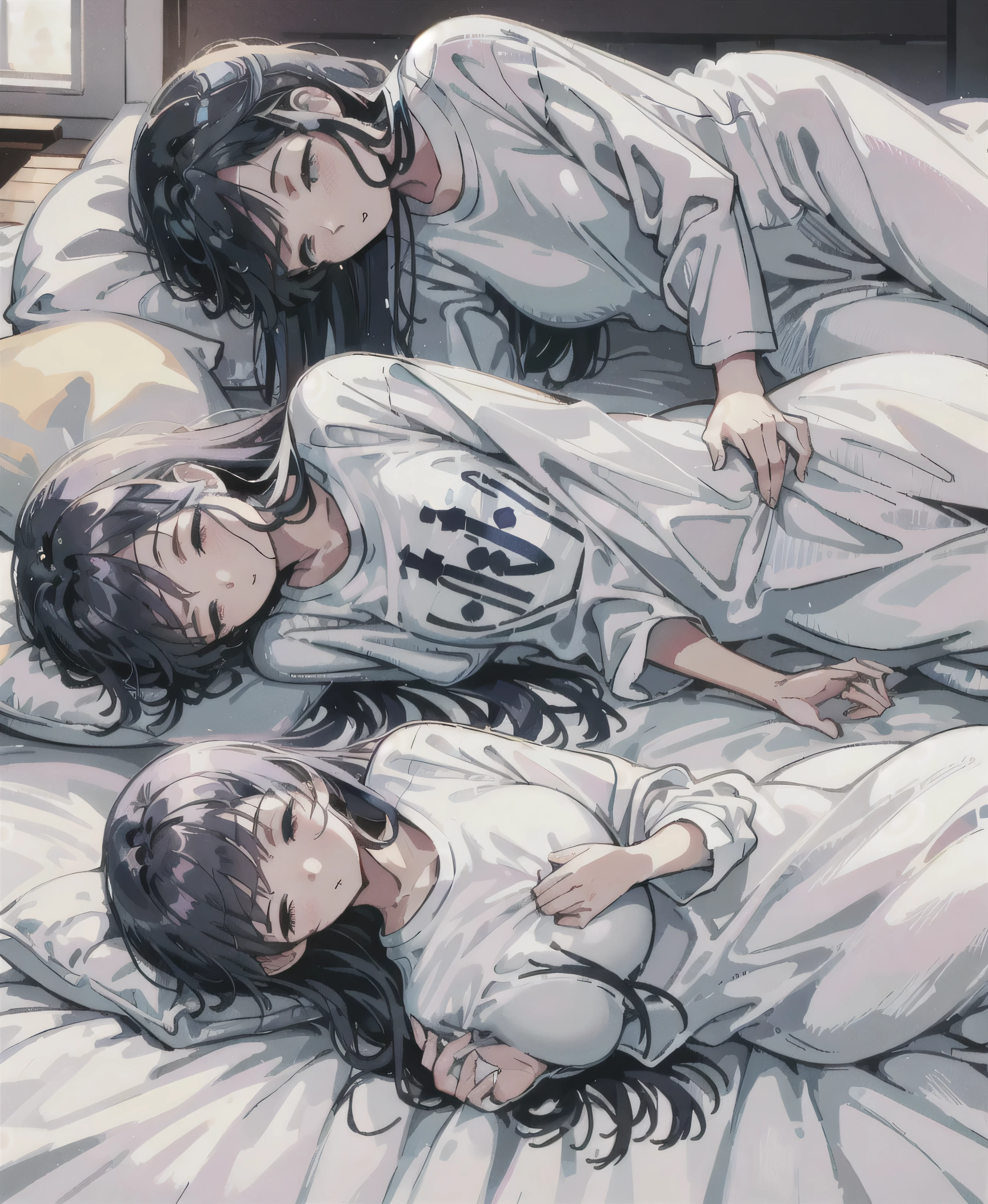Refreshing morning light, iridescent highlights, A cool woman around 25 years old, sleepy、 Sleeping on white sheets,Navy blue long hair, Wearing a baggy T-shirt