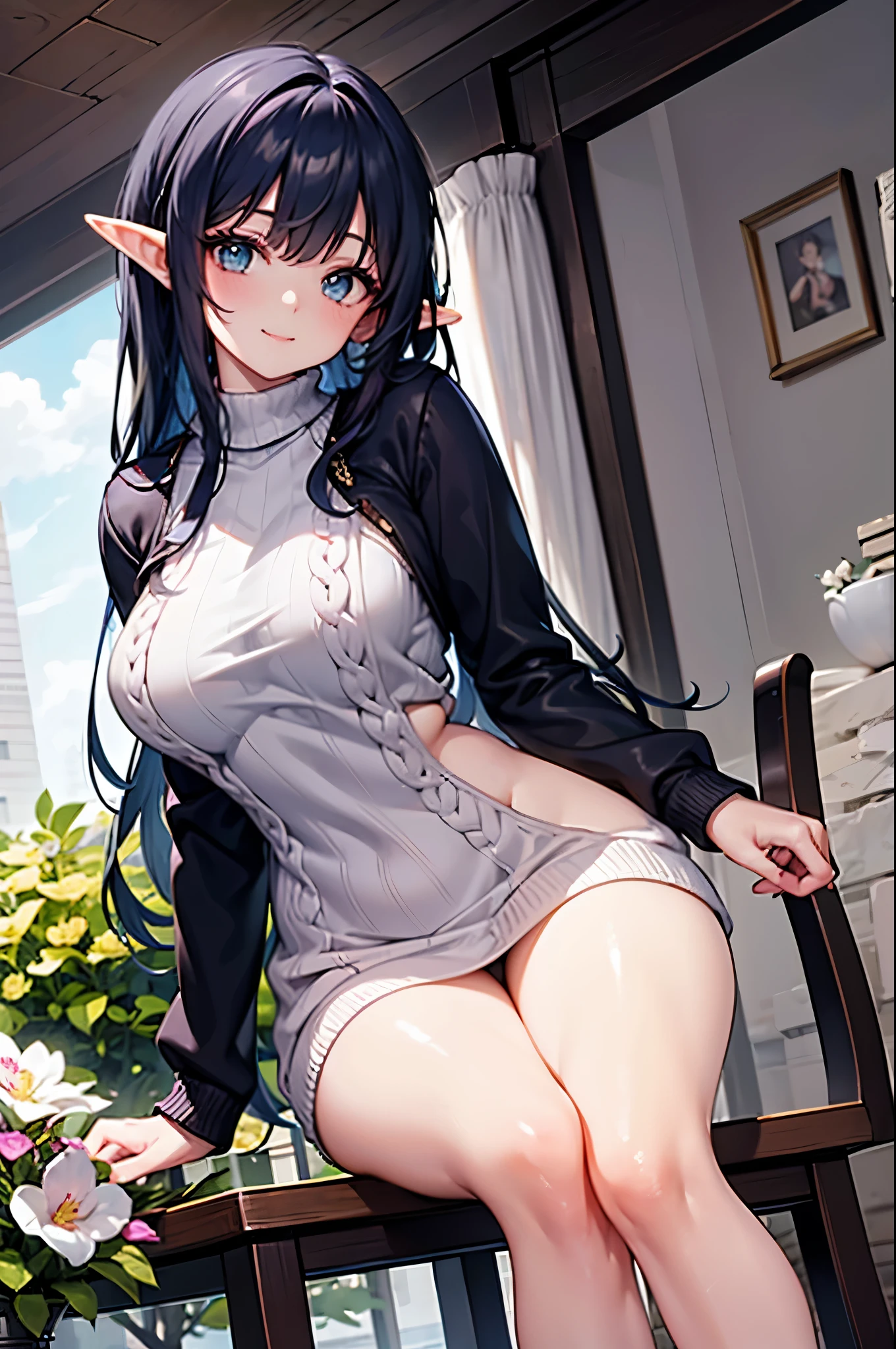 realistic image, detailed image, coherent image, 1 beautiful elf, she has long black hair that ends in darker shades of blue. Her eyes are turquoise. Smiling expression. She is wearing a sweater, she has a curvy body, medium breasts and thick thighs, she is sitting on her knees, arching her back. view from below. Chinese atmosphere, Chinese city, surrounded by flowers. Soft focus, Dramatic shadows, Volumetric lighting, natural lighting, virgin destroyer sweater