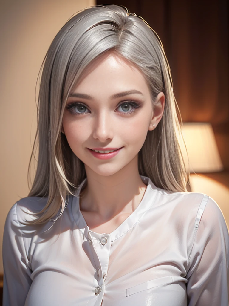 (best quality, 8k, photorealistic:1.5), (solo, one girl:1.5),(shine a bright light on women),(ultimate beautiful girl),(shiny skin),(oily skin),(Silver Ash Hair:1.3),(long hair:1.3),(cool beauty:1.5),(Blush brown makeup),(use pink glossy lipstick),(big beady eyes girl:1.5),(droopy eyes girl:1.5),(Big Eyes),(healthy body),(sweet smelling girl),(virgin girl),chuuChloe,(impressive eyes),(clean girl),(cute),(relaxing time),(compassion),(impurity),(love filled),(No love experience),(teenager),(Lovely),(smile:1.5),(gentleness),(Sociable),(good at looking after),(positive),(goodness),(sensible),(flash),(Favorable),(Tight shirt),