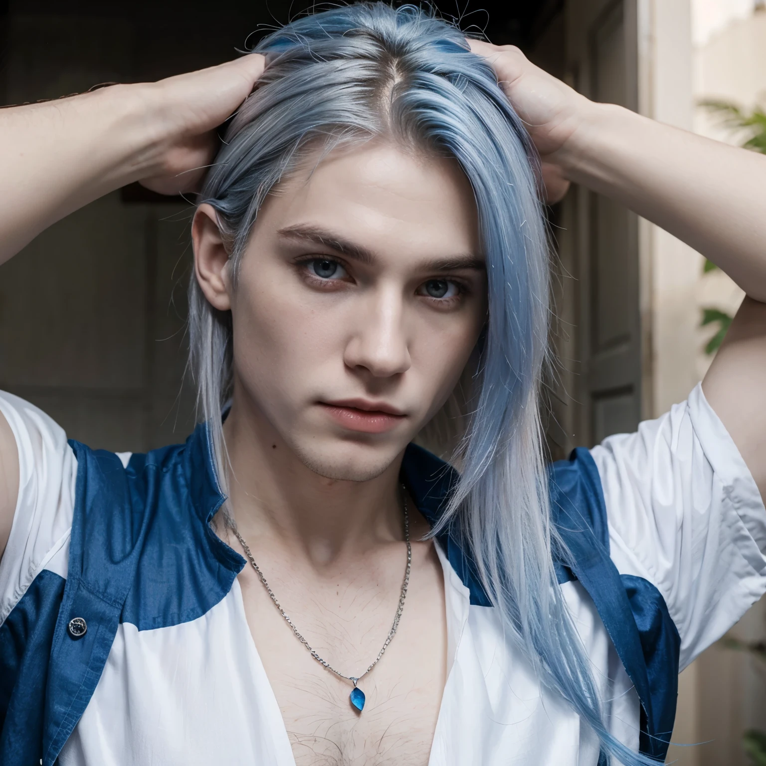 Vampire male gender white skin somewhat pale, cabelo corte Mullet cor azul, olhos maduros e vermelho com mechas pretas