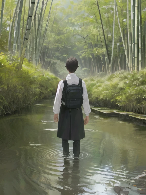 A man walks through a serene bamboo forest, el susurro de las hojas proyectando largas sombras en el suelo. A crystalline river runs gently by your side., reflejando la luz del sol en ondas brillantes. Aves de diversas especies sobrevuelan, Their melodic songs fill the air with a feeling of tranquility and harmony. Los ojos del hombre se centran en el camino por delante., Perdido en sus pensamientos mientras contempla la belleza natural que lo rodea.. Sunlight filters through the leaves., proyectando patrones moteados en su rostro, adding an ethereal quality to the scene.