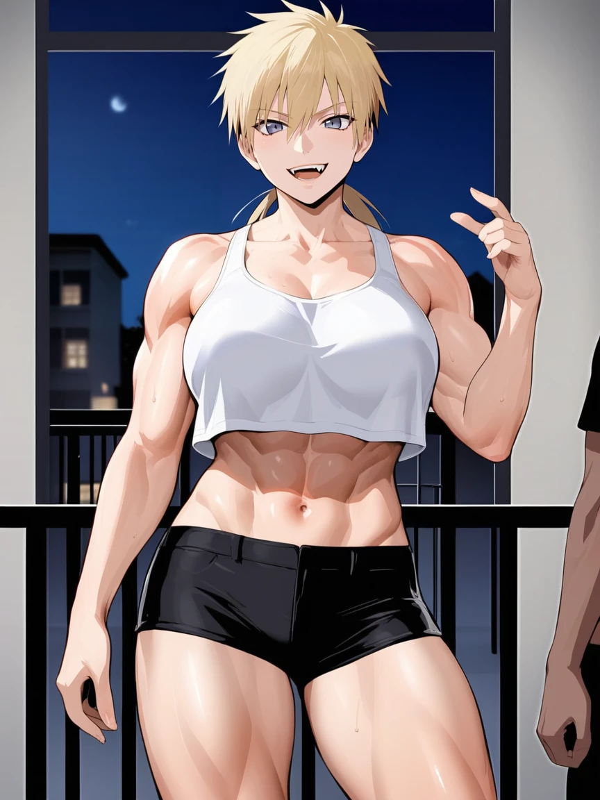 score_9, score_8_up, source_anime, standing, hellsing, seras, blonde hair, nude, indoors, night, night sky, nighttime, vampire, smirk, fangs, ikuchan, balcony, town background, clothed, wearing shorts, crop top, abs, muscular female, muscular male, large breasts, boyfriend, couple, sfw, looking at viewer, faceless male, dark skinned male, cuckold pov, ntr, netorare, standing side by side, standing, cuckolding, cuck, 1girl, 1boy, duo, ((duo focus)), black haired male, interracial, BLACKED, bbc, raceplay, smug, humiliation, ((faceless male)), ((size difference)), tall male