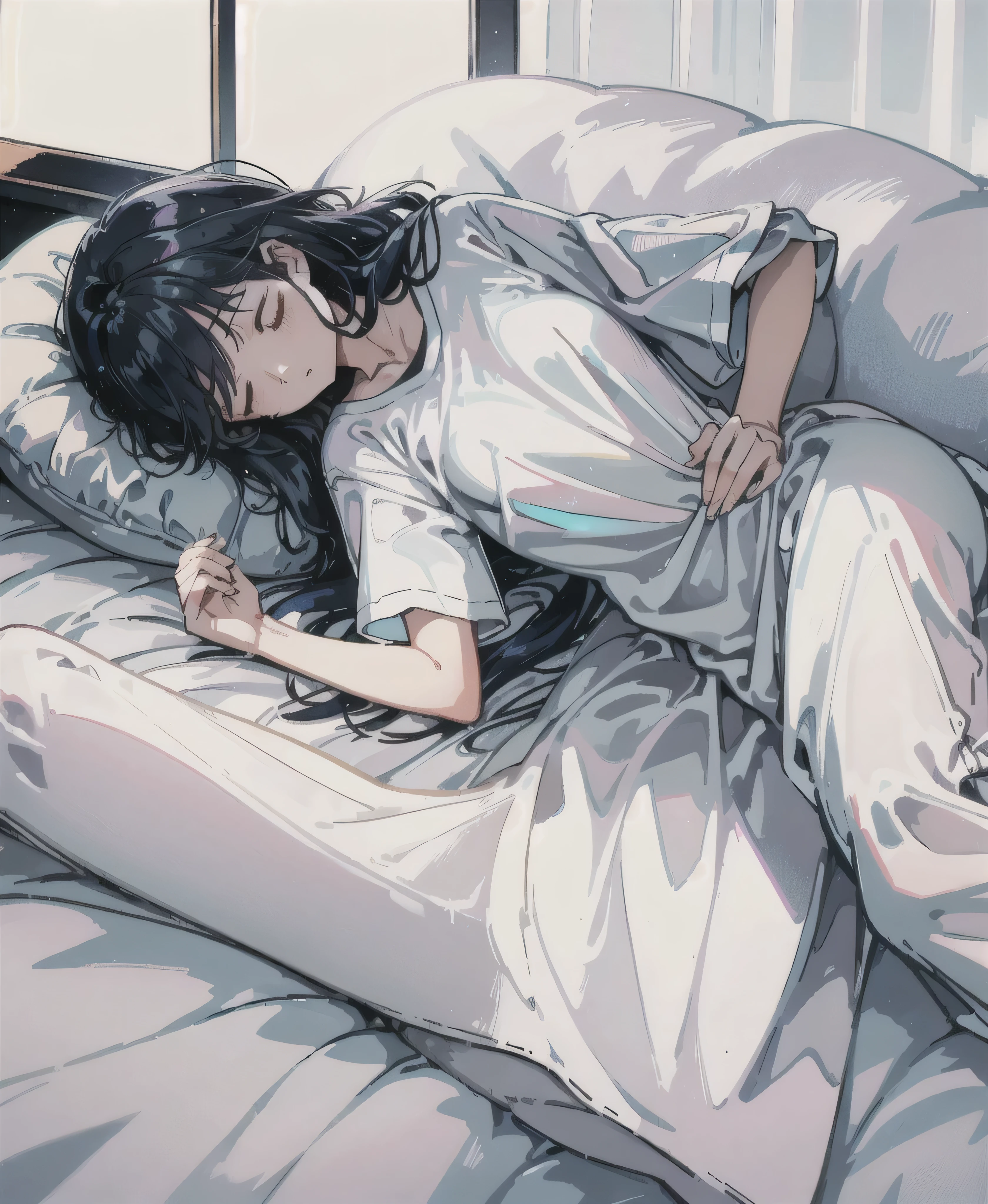 Refreshing morning light, iridescent highlights, A cool woman around 25 years old, sleepy、 Sleeping on white sheets,Navy blue long hair, Wearing a baggy T-shirt