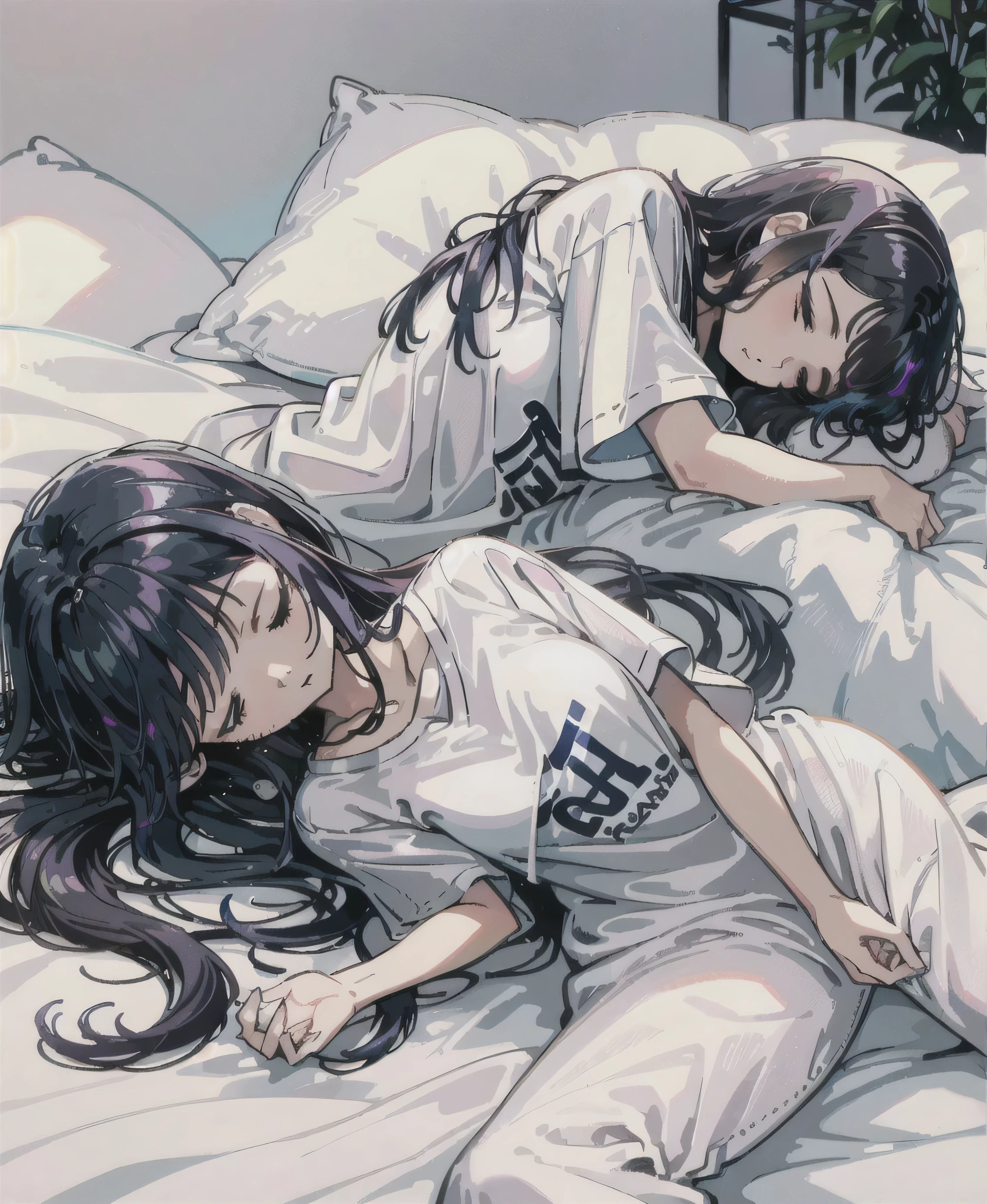Refreshing morning light, iridescent highlights, A cool woman around 25 years old, sleepy、 Sleeping on white sheets,Navy blue long hair, Wearing a baggy T-shirt