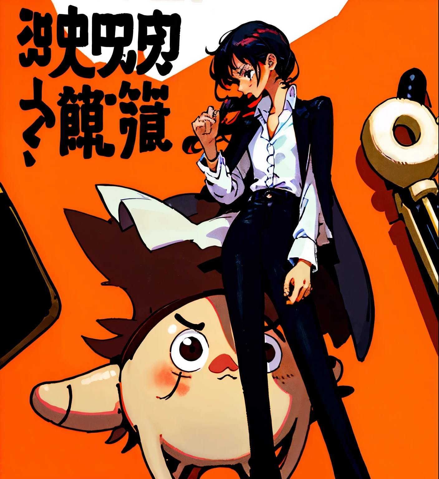 Long black red hair, tan skin, dark brown eyes, suit, suit jacket over shoulder, white button up unbuttoned and loose, tough expression, cold expression, scars, female, woman, sitting, open legs, black suit, black suit jacket, open white buttoned shirt, black pants