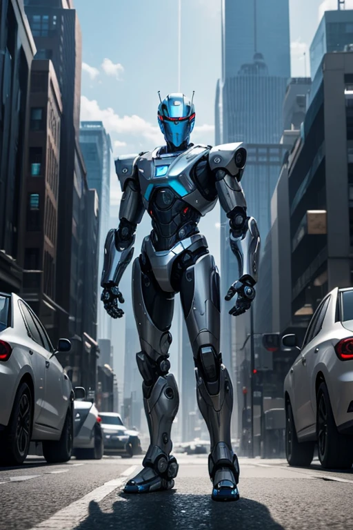 The image shows a robotic figure standing in an urban environment. The robot is wearing a silver suit and has a blue visor on its head. It appears to be a futuristic, metallic character, perhaps from a video game or science fiction film. The cityscape around the robot includes a few cars, with one positioned to the left of the robot and another car further to the right. There are also two traffic lights in the scene, one located near the center and the other towards the right-hand side. The overall setting suggests a futuristic cityscape.
Info