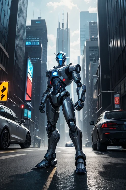 The image shows a robotic figure standing in an urban environment. The robot is wearing a silver suit and has a blue visor on its head. It appears to be a futuristic, metallic character, perhaps from a video game or science fiction film. The cityscape around the robot includes a few cars, with one positioned to the left of the robot and another car further to the right. There are also two traffic lights in the scene, one located near the center and the other towards the right-hand side. The overall setting suggests a futuristic cityscape.
Info