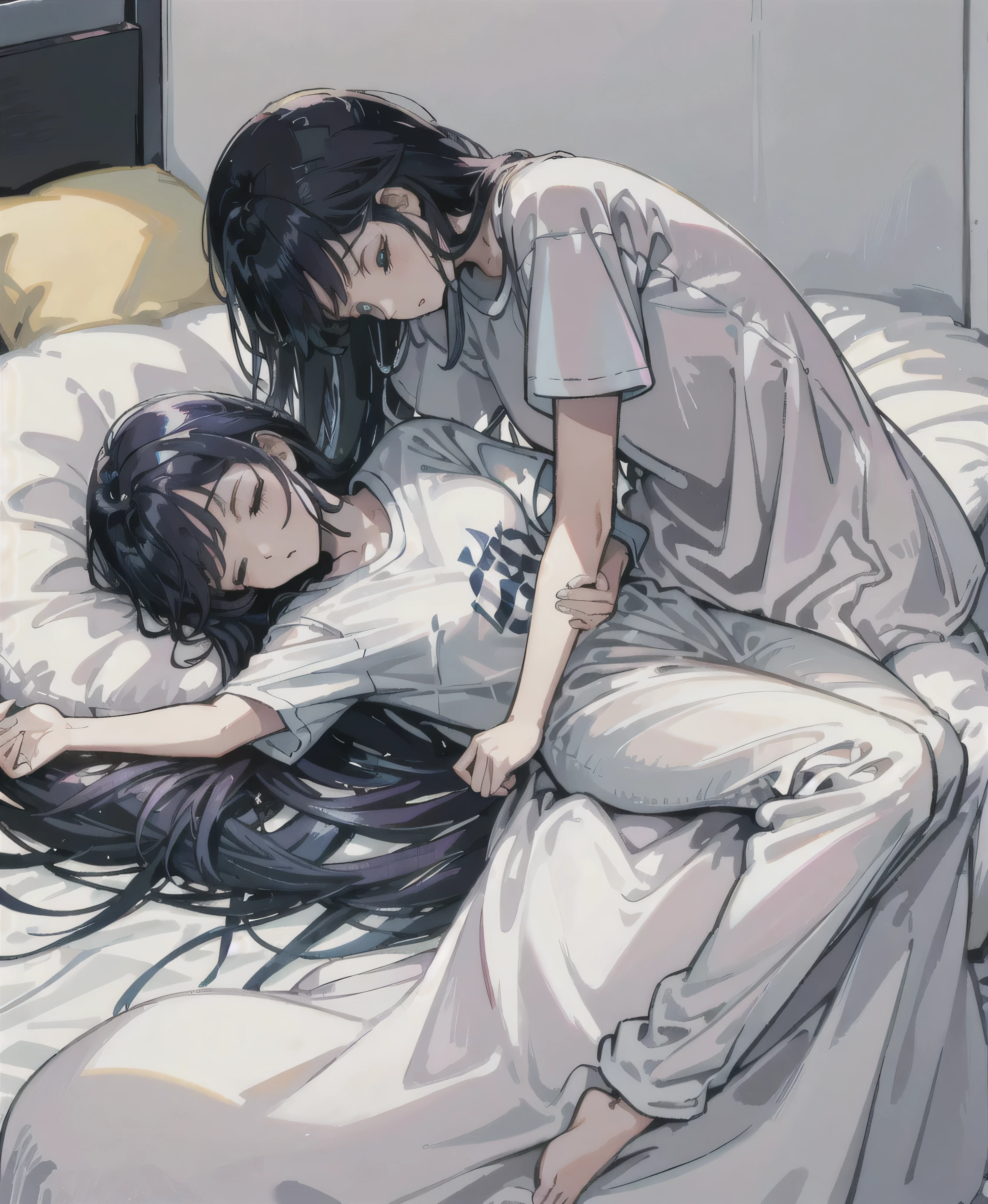 Refreshing morning light, iridescent highlights, A cool woman around 25 years old, sleepy、 Sleeping on white sheets,Navy blue long hair, Wearing a baggy T-shirt