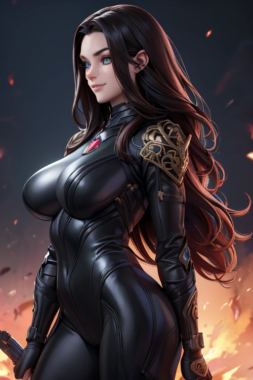 (work of art, Best quality, absurd, 4K, aesthetics, perfect eyes, perfect face, detailed, intricate, Perfect Lighting) 1 girl with fair skin, long dark hair, wears a futuristic red and black bodysuit, heroine, queen of an alien race, warrior, gentle smile, perfect body