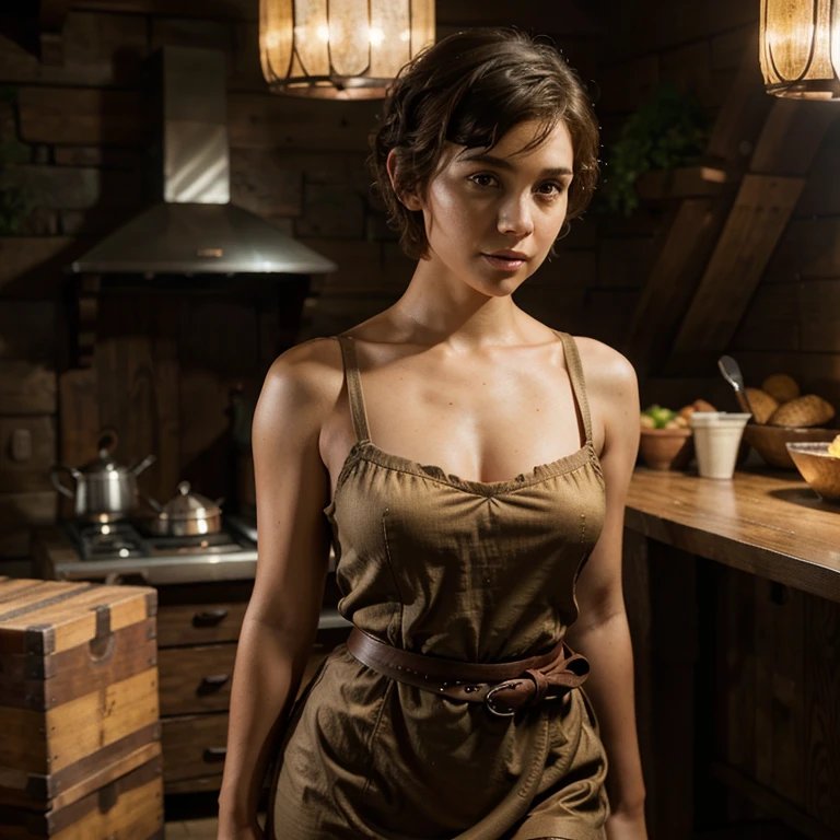 stunningly beautiful adult halfling girl, brunette short curly hair, pixie hair cut, freckles, fantasy tavern owner, Brown dress, Calm, Sweet, Caring, high cheekbone, Elden Ring, full body portrait, sharp lens, professional photography, 70mm lens, detail love, good quality, Unreal Engine 5, wallpaper, colourful, highly detailed, 8k, soft light, photo realistic