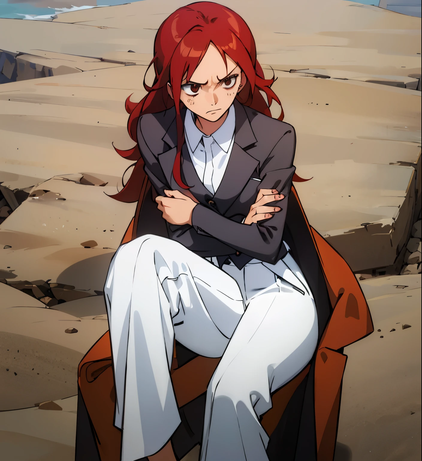 Long black red hair, tan skin, dark brown eyes, suit, suit jacket over shoulder, white button up unbuttoned and loose, tough expression, cold expression, scars, female, woman, sitting, open legs, black suit, black suit jacket, open white buttoned shirt, black pants
