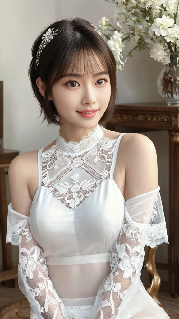 (photorealistic:1.75), (NSFW:0.5),(masterpiece,Ultra HD:1.5), A mesmerizing of an alluring Japanese girl, featuring intricate and lifelike facial details, particularly her enchanting (symmetrical clear ultra beautiful eyes:2.0) and exquisite lips. (Her face is ultra cute and idol-like:2.0).She wears natural makeup.She has small breasts and a slim waist.Her expression radiates a natural and youthful charm, emphasized by her long and voluptuous eyelashes. She is ladylike. Adorning her face is a fashionable, Short haircut that shimmers with a gentle sheen. Her flawless complexion resembles delicate porcelain, exuding an aura of graceful perfection. The symmetry and refinement of her facial structure accentuate her inherent beauty.
An illuminating big smile graces her countenance, capturing her cheerful and optimistic spirit. Her body possesses ideal proportions, boasting an ultra-slim and graceful waistline. Delicately slender hands and feet further highlight her elegance. (She is wearing a simple and thin lace all white camisole:1.5).
The portrait is rendered in a photorealistic style, capturing every detail and evoking a sense of realism. The colors used are vibrant and lifelike, breathing life into the image. Soft and warm lighting envelops the scene, casting a gentle glow on the girl's captivating features. Every detail, from the intricate highlights to the subtle shadows, has been meticulously crafted to enhance the overall realism of the portrait. The level of detail is astonishing, allowing viewers to appreciate the fine nuances and textures of the subject.