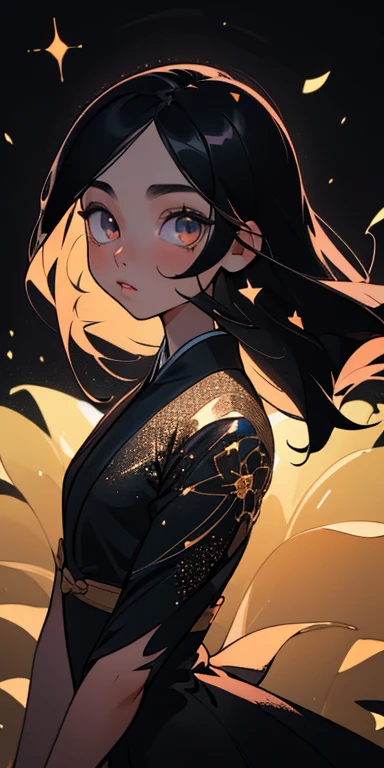 (best quality, masterpiece), 1girl,  glitter, dress, particle, wind, flower, upper body, dark simple background, looking at viewer, black long hair,korean girl,pretty face