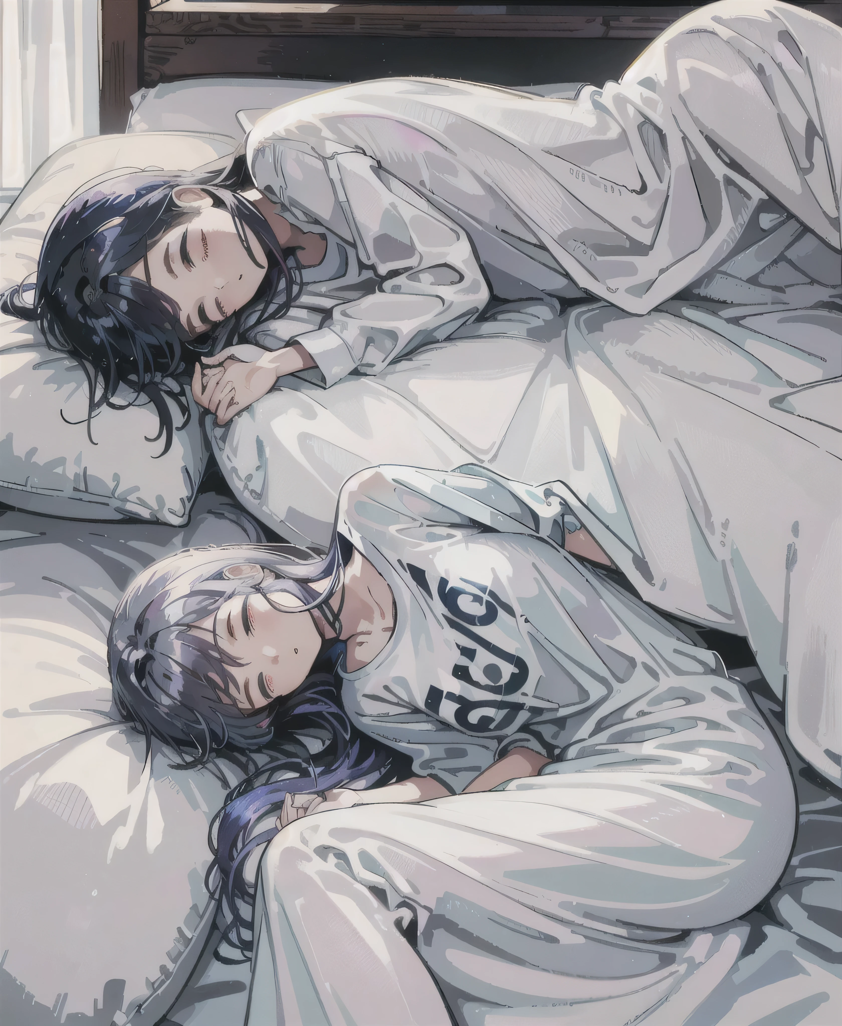 Refreshing morning light, iridescent highlights, A cool woman around 25 years old, sleepy、 Sleeping on white sheets,Navy blue long hair, Wearing a baggy T-shirt