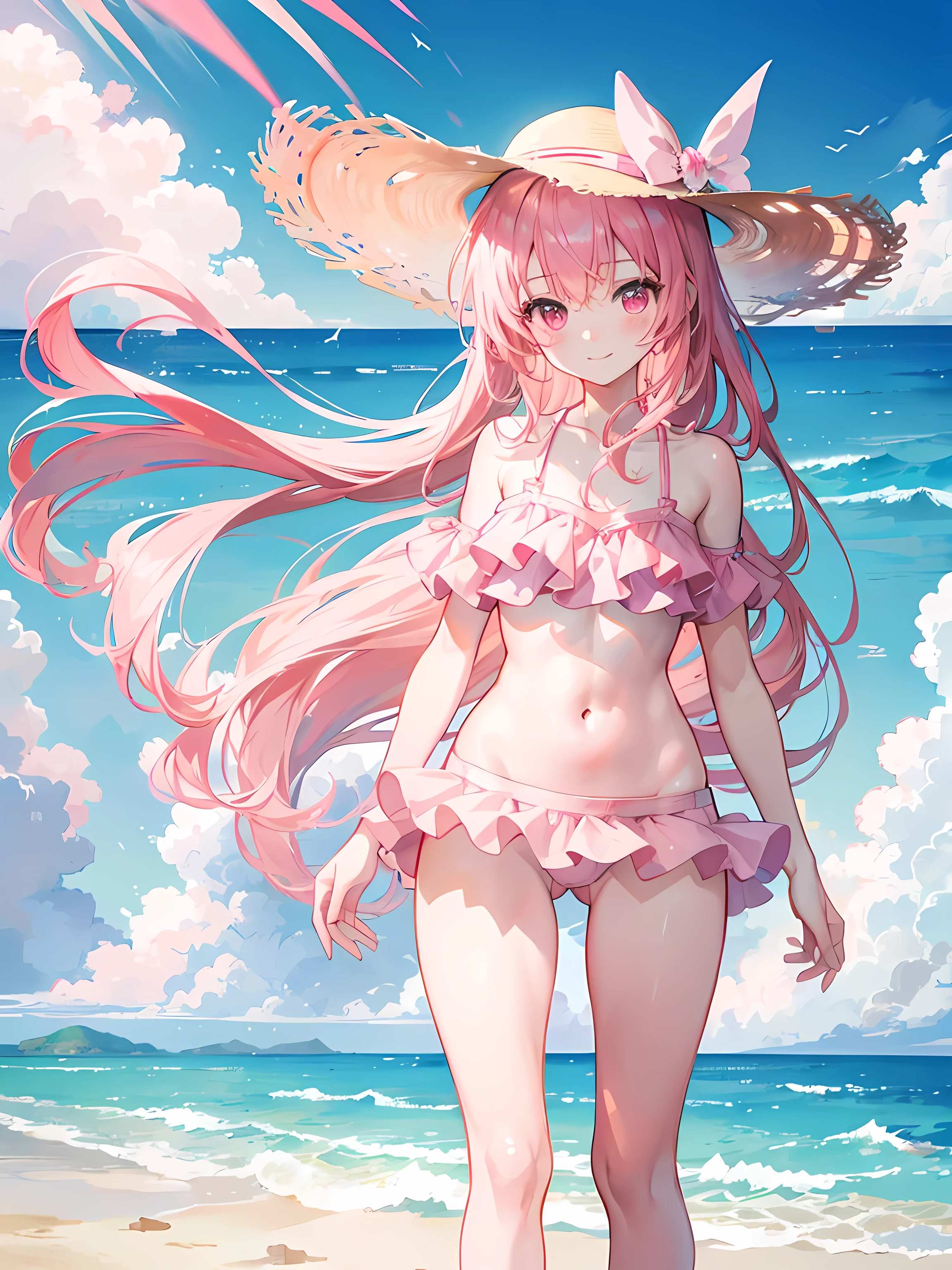 anime girl standing on the beach, ocean in the background, wind, waves, beautiful sunlight, beautiful sky, (1girl), long pink hair, pink eyes, medium breasts, (wearing a pink swimsuit), sun hat, smile, blushing, belly button, amazing scenery, masterpiece, high res, 8k