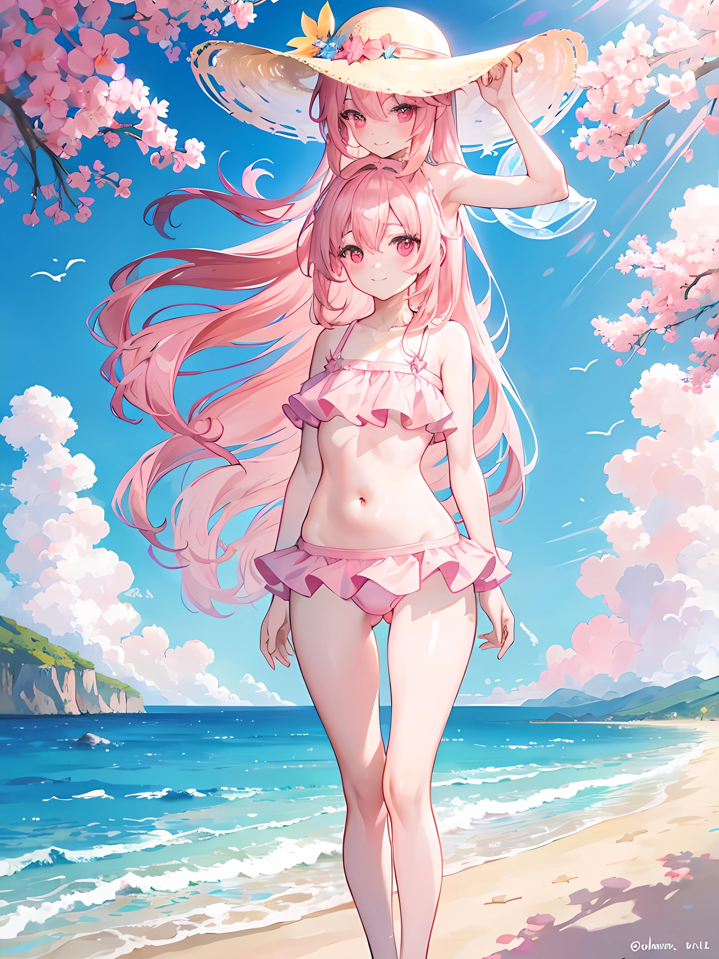 anime girl standing on the beach, ocean in the background, wind, waves, beautiful sunlight, beautiful sky, (1girl), long pink hair, pink eyes, medium breasts, (wearing a pink swimsuit), sun hat, smile, blushing, belly button, amazing scenery, masterpiece, high res, 8k