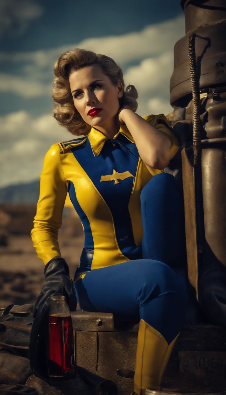 A sexy female character from fallout videogame, with classic dark blue and yellow Vault fallout uniform body suit, into classica Coca-Cola pin upo style of 1950, with wasteland background