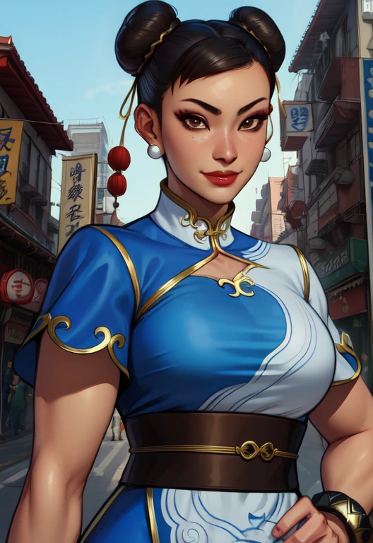 chun li, double bun,  black hair, brown eyes,  
chinese clothes, spiked bracelet, bun cover, earrings , 
standing, upper body,  smile,  sash, 
chinatown,  police station,  morning, 
(insanely detailed, beautiful detailed face, beautiful detailed eyes, masterpiece, best quality),solo, 