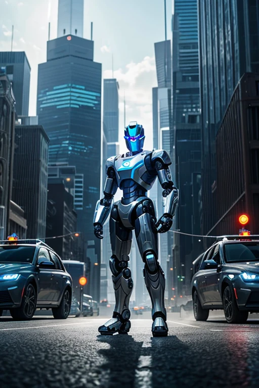 The image shows a robotic figure standing in an urban environment. The robot is wearing a silver suit and has a blue visor on its head. It appears to be a futuristic, metallic character, perhaps from a video game or science fiction film. The cityscape around the robot includes a few cars, with one positioned to the left of the robot and another car further to the right. There are also two traffic lights in the scene, one located near the center and the other towards the right-hand side. The overall setting suggests a futuristic cityscape.
Info
