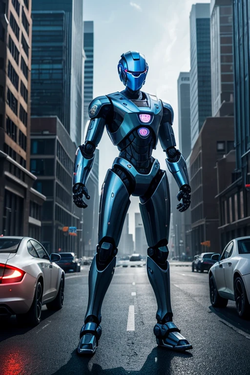 The image shows a robotic figure standing in an urban environment. The robot is wearing a silver suit and has a blue visor on its head. It appears to be a futuristic, metallic character, perhaps from a video game or science fiction film. The cityscape around the robot includes a few cars, with one positioned to the left of the robot and another car further to the right. There are also two traffic lights in the scene, one located near the center and the other towards the right-hand side. The overall setting suggests a futuristic cityscape.
Info