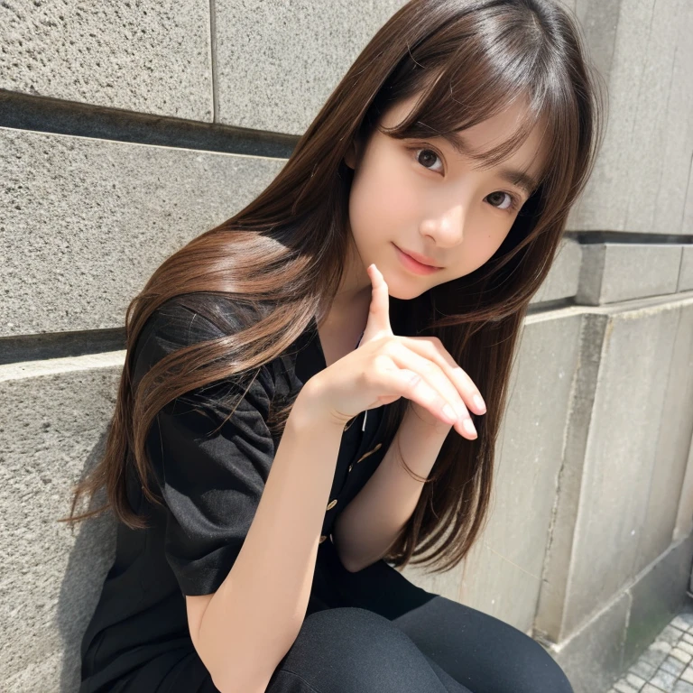 Chiba 4 stores　Long brown hair, pretty face, black clothes, realistic photography, perfect shading, perfect anatomy, perfect fingers, perfect limbs, precise skin, 15 year old girl, attractive face