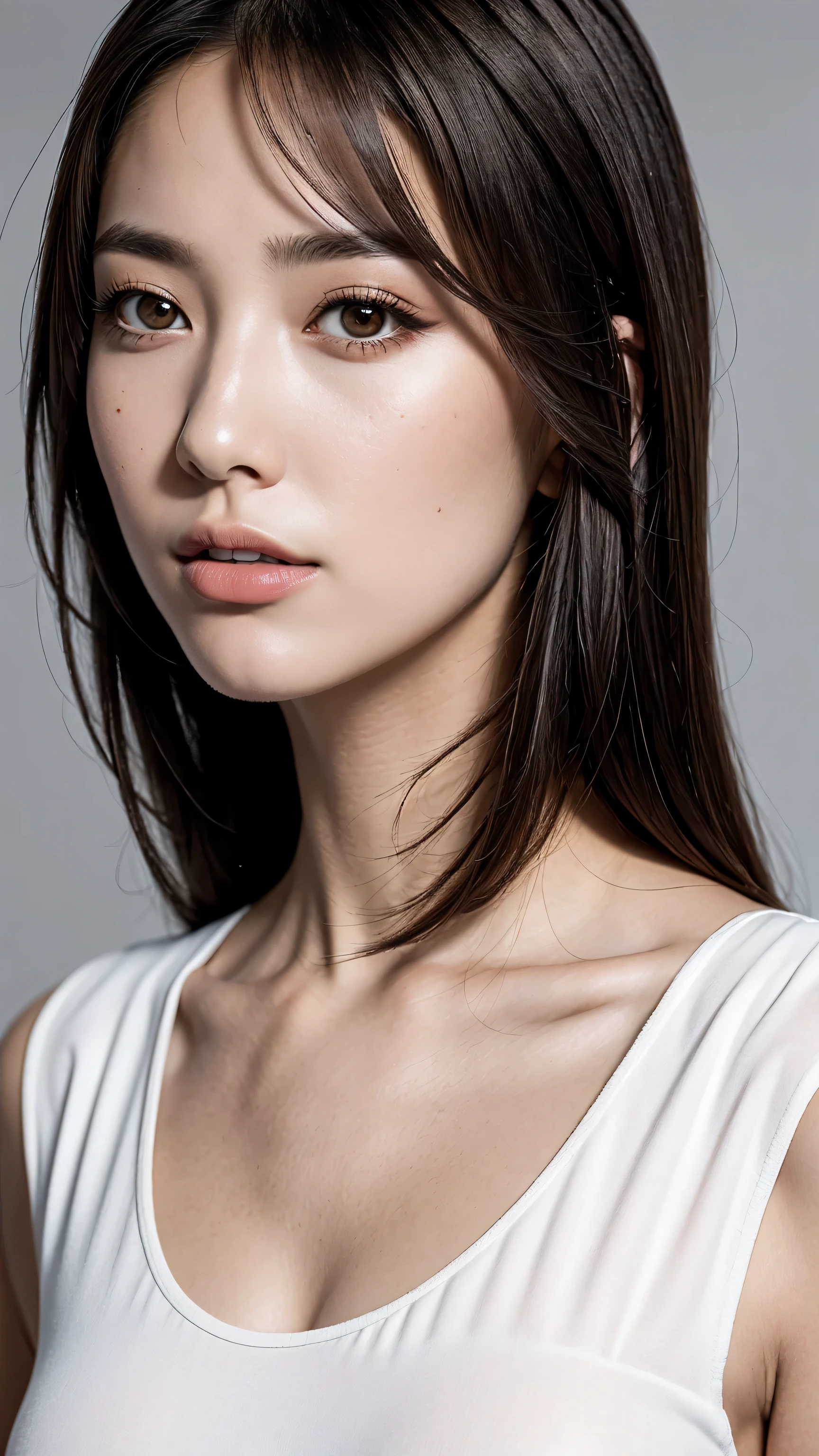 close-up of face, ((highest detailed portrait)), super realistic eyes, perfect eyes, perfect iris, perfect lips, 30 year old mature woman, (White blouse), (small breasts), ((highest quality:1.4)),((Hyper-realistic)),((Hyperrealism)),((photorealistic)),((sharp focus)),(highest resolution),((the most absurd quality)),((masterpiece)), (Improvement of quality:1.4), (highest facial details), (Highest quality realistic skin texture:1.4), (Perfect Anatomy:1.37), (Gray gradient background), Professional Reflector, (brown long hair), ((shot above the shoulders)),
