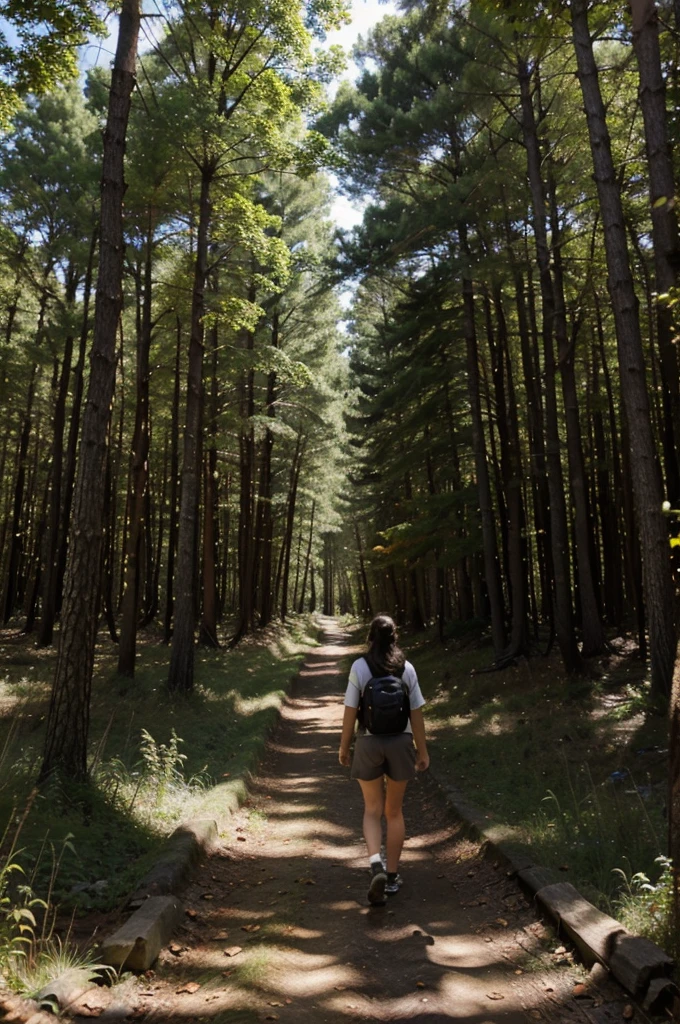 One walking through the woods on a trail and the sun's rays passing through the treetops