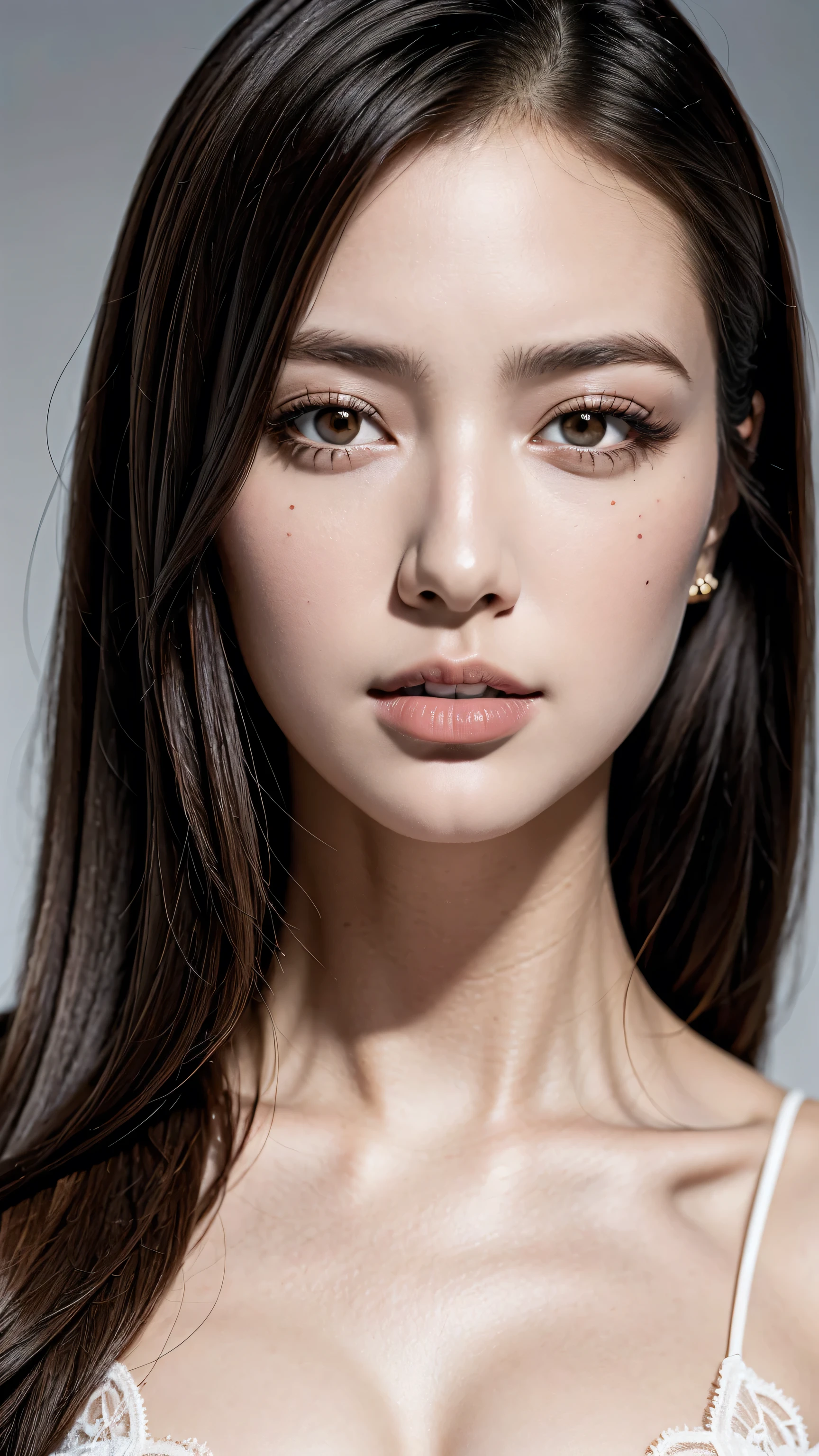 (close-up of face), ((high detailed portrait)), super realistic eyes, perfect eyes, perfect iris, perfect lips, 30 year old mature woman, (White blouse), (small breasts), ((highest quality:1.4)),(Hyper realistic),((Hyperrealism)),((photorealistic)),((sharp focus)),(highest resolution),((the most absurd quality)),((masterpiece)), (Improvement of quality:1.4), (Very beautiful facial details), (Highest quality realistic skin texture:1.4), (Perfect Anatomy:1.37), (Gray gradient background), Professional Reflector, (brown long hair), ((shot above the shoulders)),