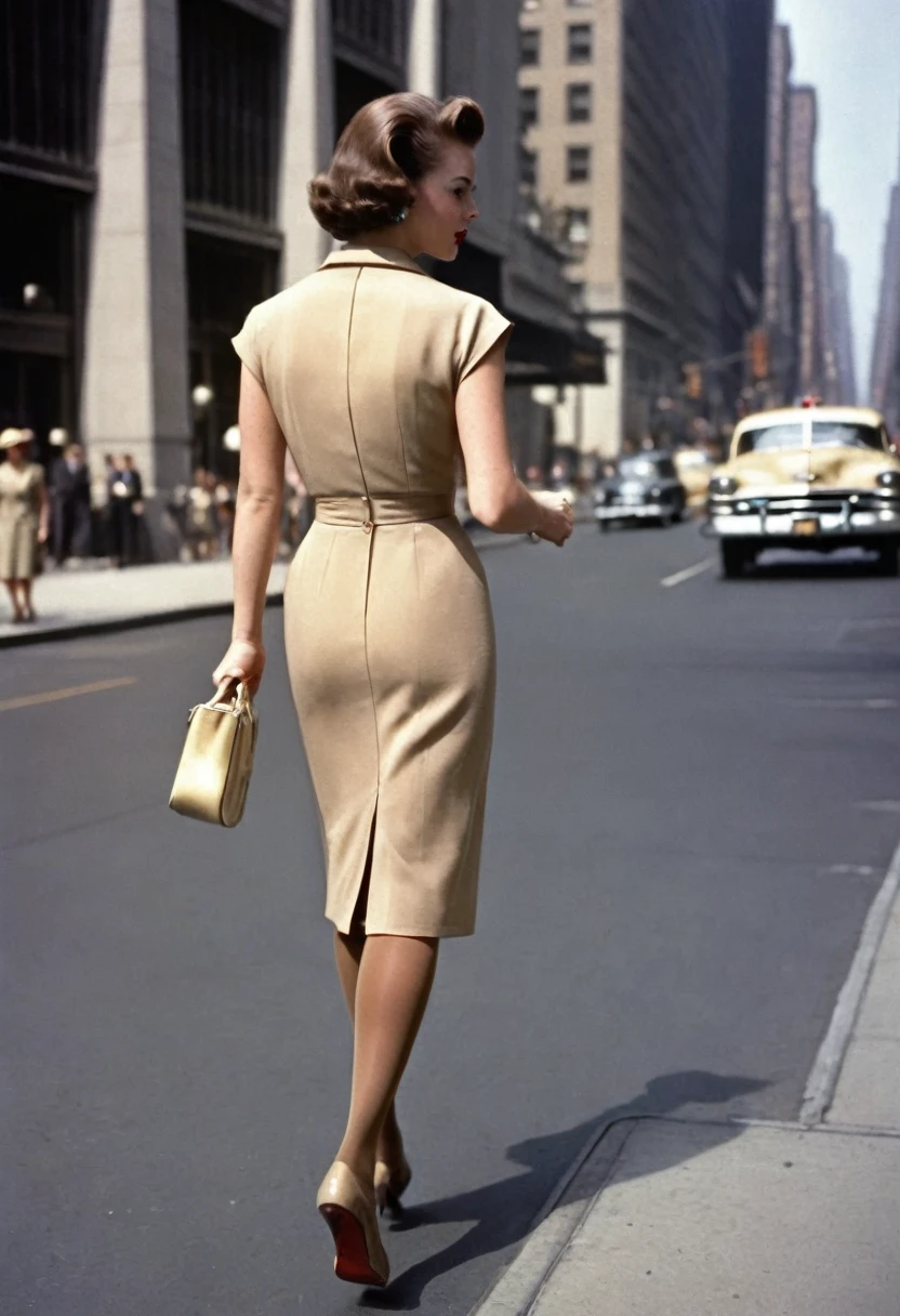 A woman walks down New York's 5th Avenue in the 1950s. (((She is wearing a tight calf-length sheath dress))), typical of the time, ((tan nylon stockings with seams:1.4)), handbag. Camera perspective from behind, Ballantyne, (close up legs:1.5), (((350mm,)))
