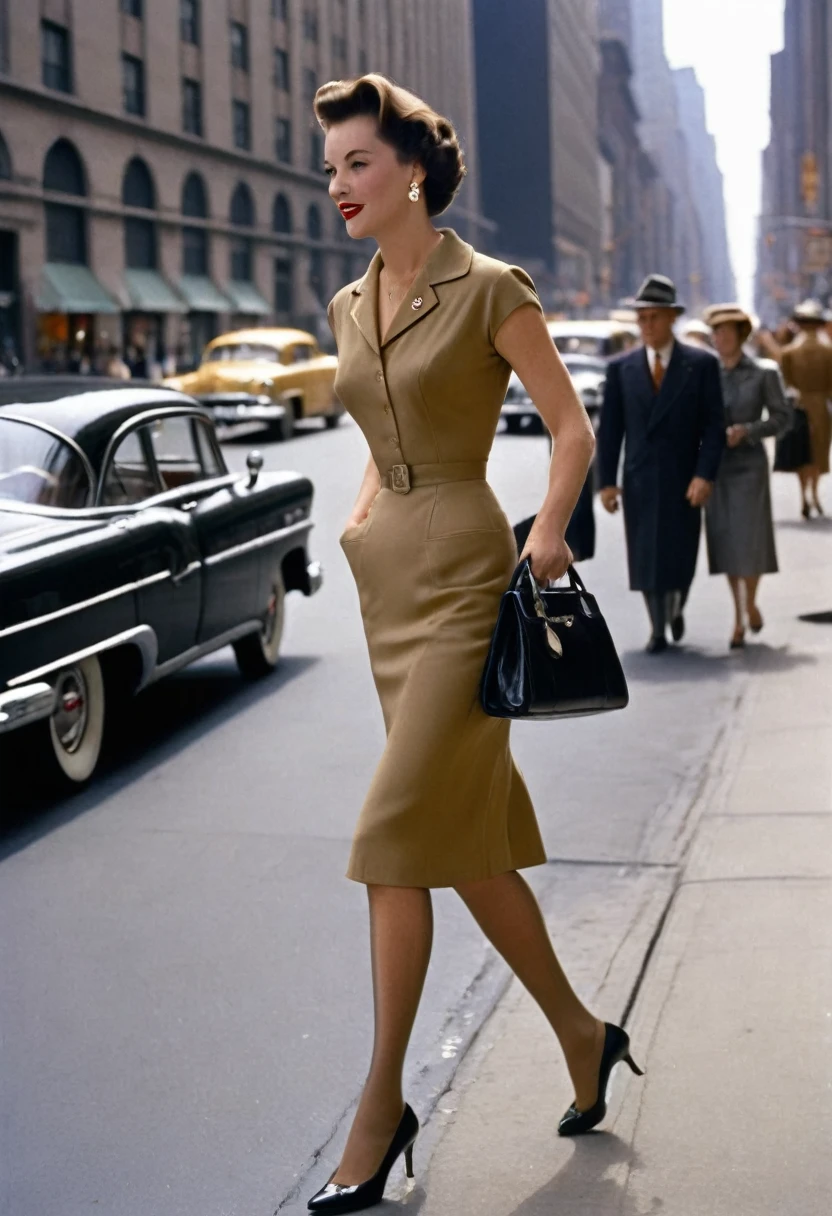 A woman walks down New York's 5th Avenue in the 1950s. (((She is wearing a tight calf-length sheath dress))), typical of the time, ((tan nylon stockings with seams:1.4)), handbag. Camera perspective from behind, Ballantyne, (close up legs:1.5), (((350mm,)))
