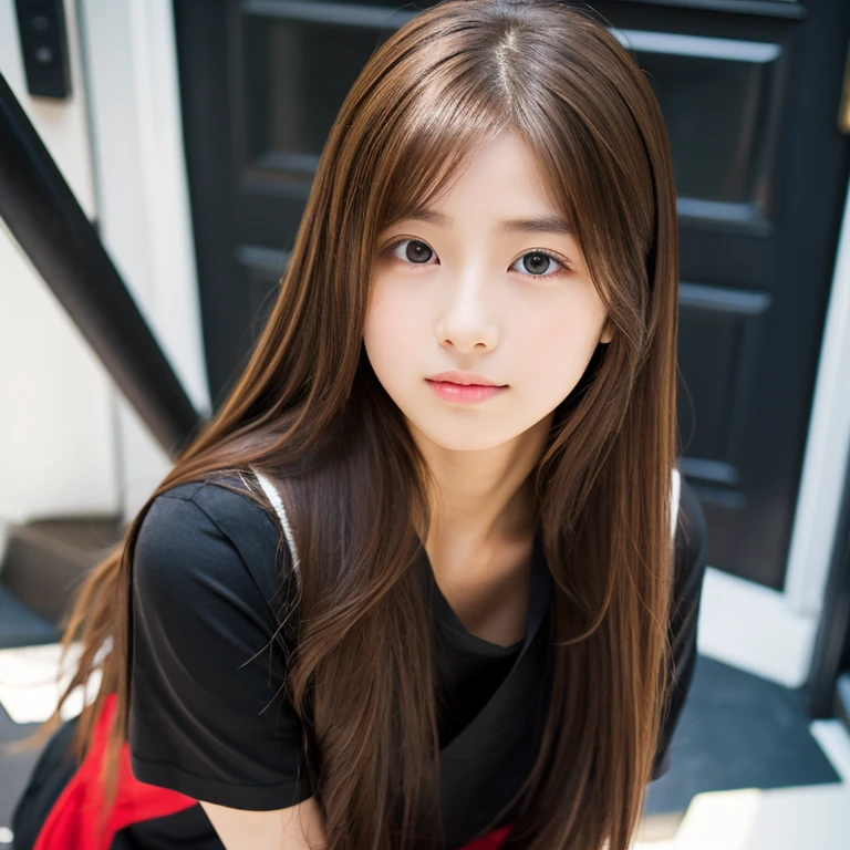 Chiba 4 stores　Long brown hair, pretty face, black clothes, realistic photography, perfect shading, perfect anatomy, precise skin, 15 year old girl, attractive face