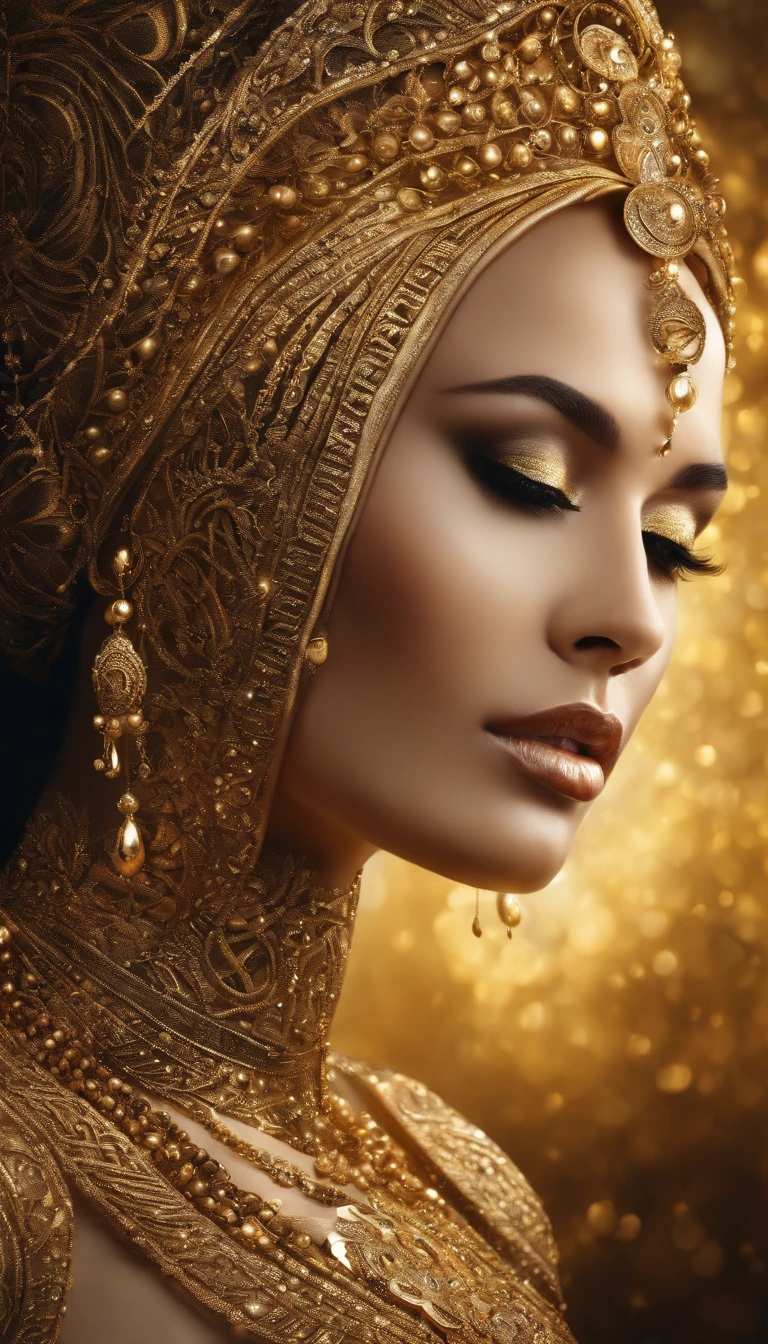 A captivating digital portrait of a woman exquisitely adorned in gold paint, her body covered in intricate patterns and designs. Her eyes are gently closed, and her face radiates a serene expression. A glowing aura surrounds her, adding an ethereal quality to the scene. The dark black background highlights her golden figure, creating a striking contrast. The artwork embodies elegance and mystique, aligning with the latest Pinterest trends and showcasing the artist's skill in fashion, illustration, and conceptual art. This piece would make an eye-catching poster for any art enthusiast's collection., conceptual art, fashion, poster, illustration