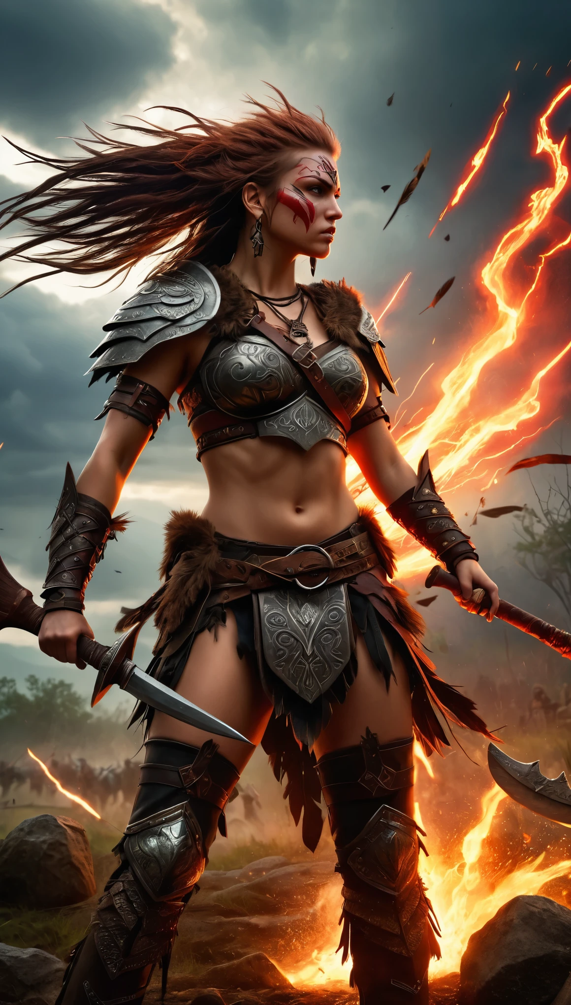 (full silhouette:1.5), (wide angle:1.5), (low angle shot:1.3), fantasy,Slavic pagan female warrior,simple leather armor,eagle feathers in hair,axes,painted face by mud,battle cry,sexy but menacing look,battle chaos,(best quality,4k,8k,highres,masterpiece:1.2),ultra-detailed,(realistic,photorealistic,photo-realistic:1.37),portraits,sharp focus,physically-based rendering,HDR,studio lighting,lush greenery,mystical atmosphere,dark clouds,dramatic lighting,warrior tribal tattoos,ancient symbols,battle scars,flowing hair,bloodstained battlefield,splashes of red,thunder and lightning,lit torches,dusty battlefield