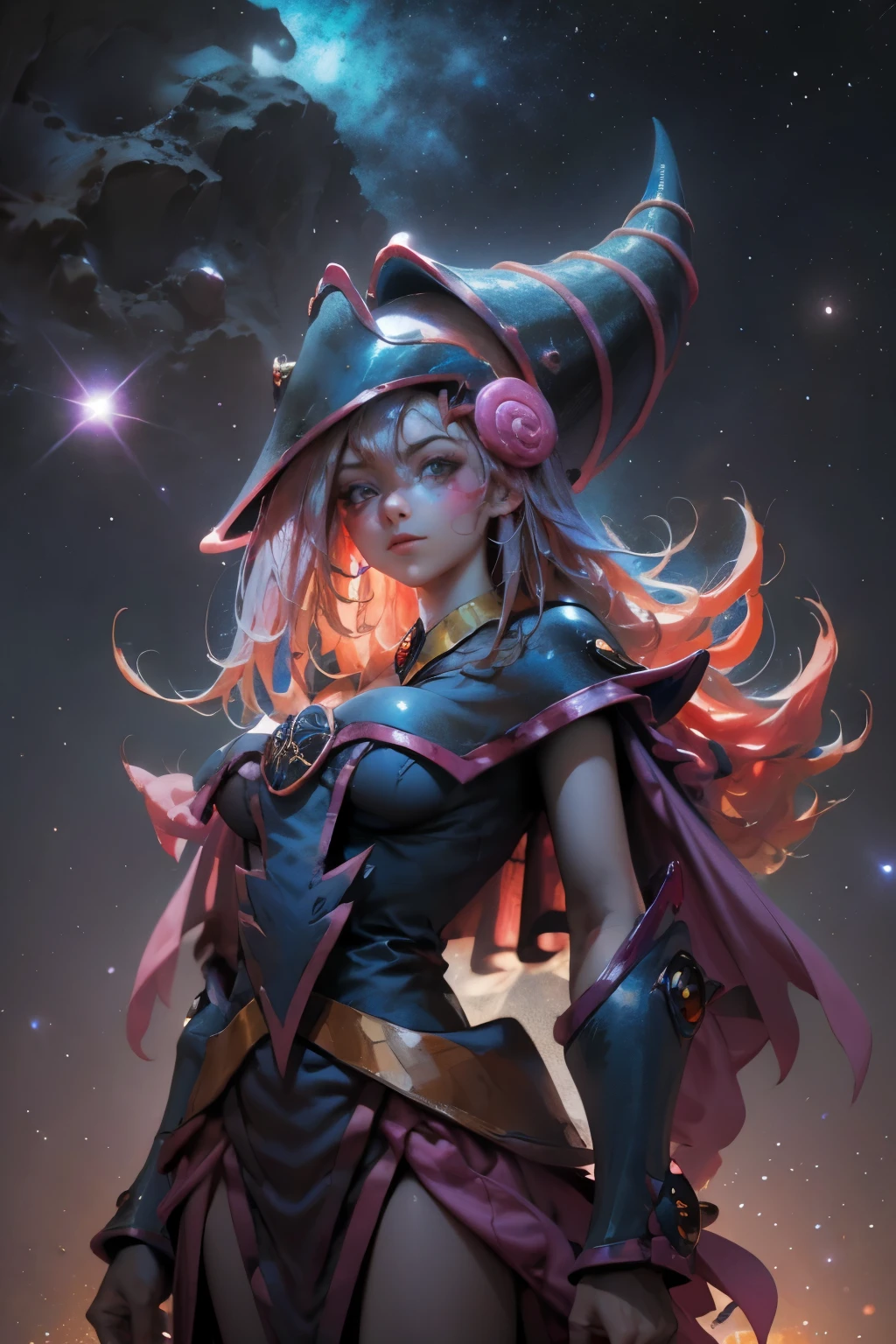 Giles magos oscuros. magos oscuros. ojos azules. cabello rubio. labios rojos. Detailed Features.., cosmic colors, ethereal lighting, Pintura surrealista, high resolution, otherworldly atmosphere, Seres celestiales. Hermosa diosa