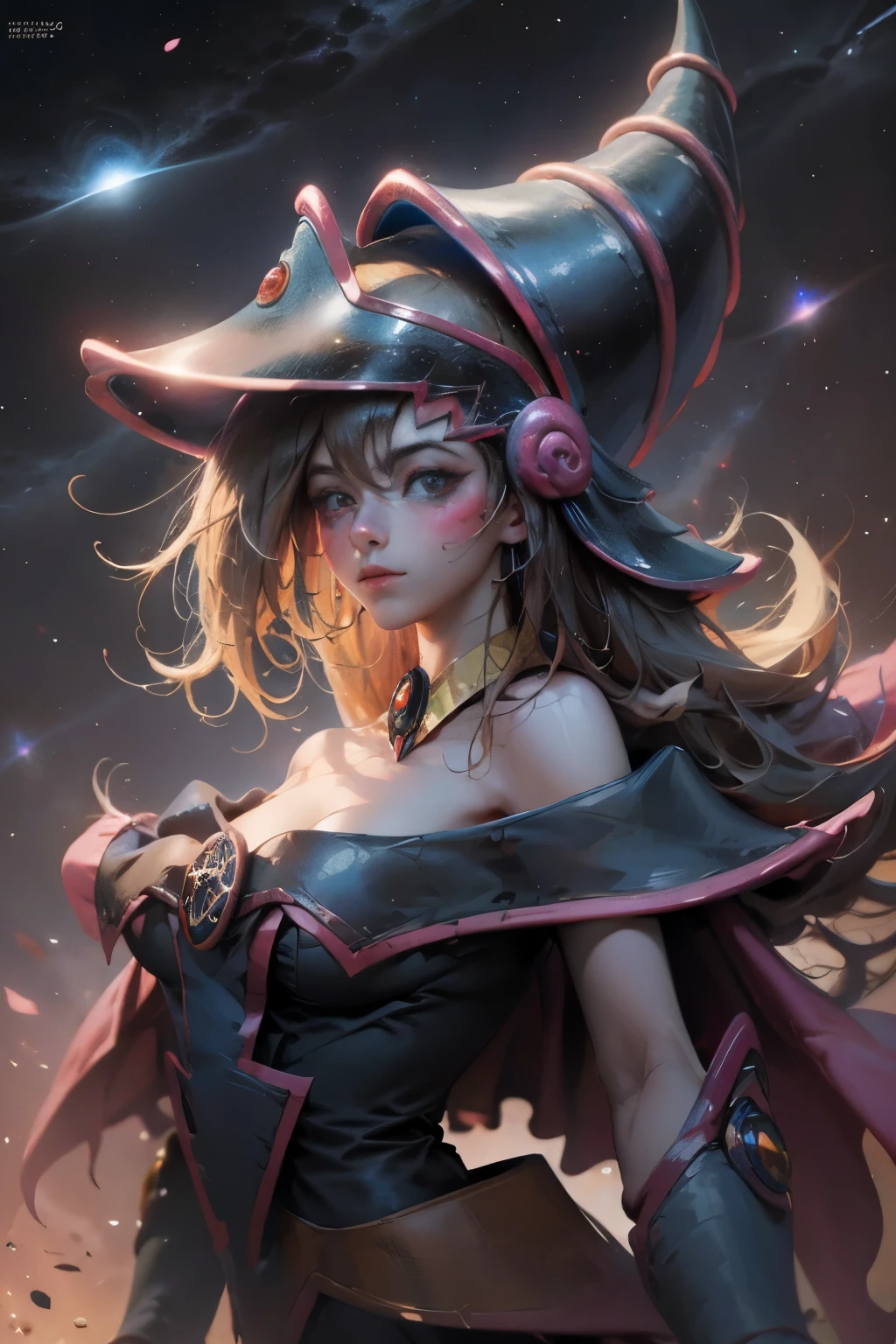 Giles magos oscuros. magos oscuros. ojos azules. cabello rubio. labios rojos. Detailed Features.., cosmic colors, ethereal lighting, Pintura surrealista, high resolution, otherworldly atmosphere, Seres celestiales. Hermosa diosa