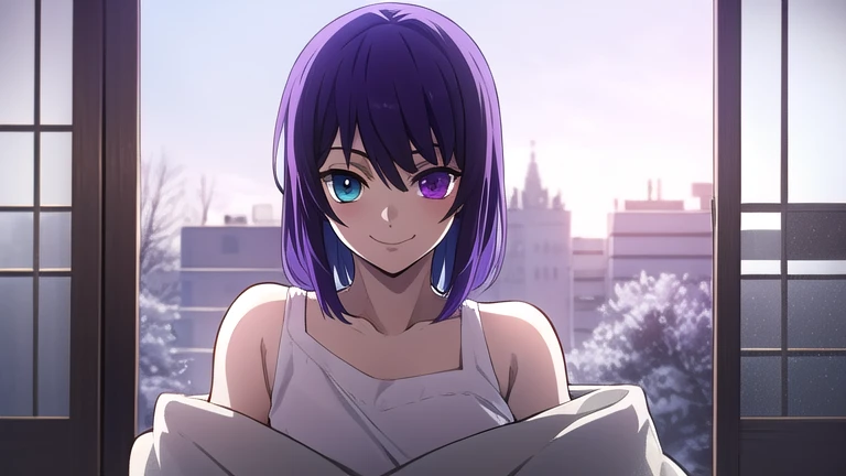 male, purple hair, heterochromia, seductive smile, alone