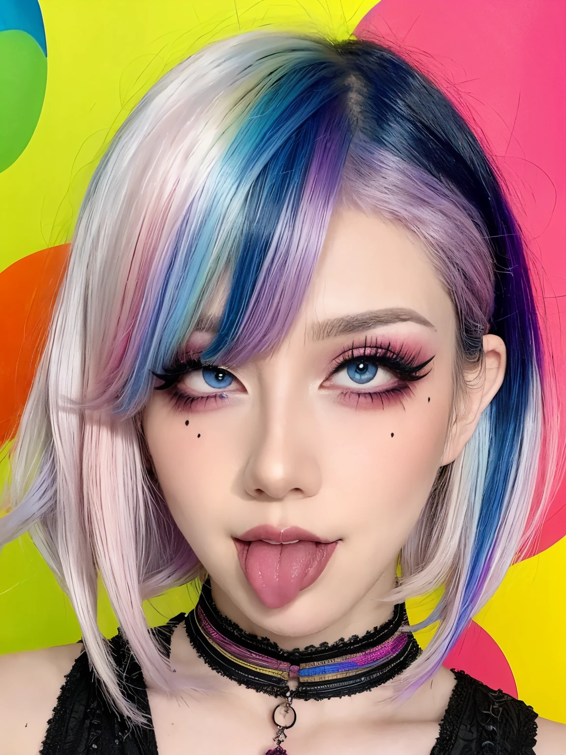 1girl, solo, goth, pale skin, short messy hair with long sides, short hair, eyeshadow, mascara, color: spectrum, vivid colors, rainbow hair , bright rainbow hair, perfect eyes, detailed eyes, medium breasts, indoors , highly detailed, cute, full body shot, smile, tongue