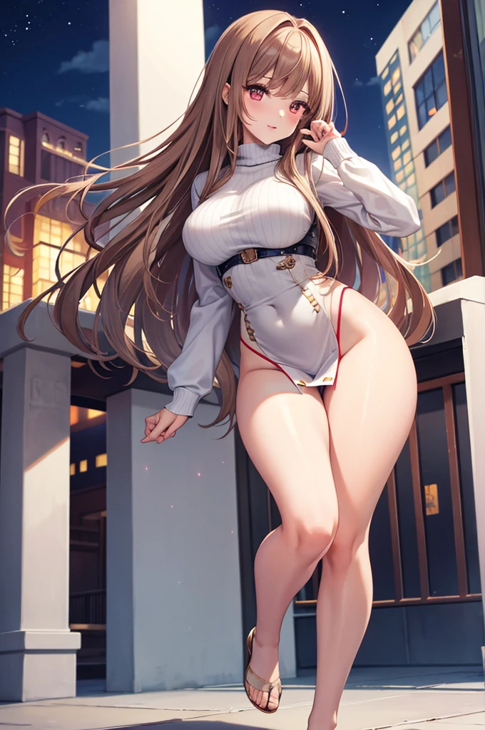 Game , goddess of victory nikke, Rapi , light brown hair, alluring eyes ,beautiful face , crystal red eyes , long hair ,sweater shirt, cream colour shirt, trousers, cheerful eyes, ,g cup breast, slender waist, bewitching thighs, bare feet, five fingers each hand, two hand ,two leg , in town, date, hunch over, standing, beautiful, high heels, night life
