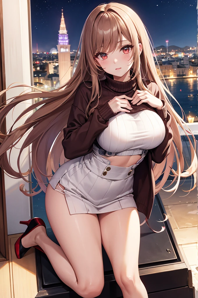 Game , goddess of victory nikke, Rapi , light brown hair,  alluring eyes ,beautiful face , crystal red eyes ,  long hair ,sweater shirt, cream colour shirt, trousers, cheerful eyes, ,g cup , slender waist, bewitching thighs, bare feet, five fingers each hand, two hand ,two leg , in town, date, hunch over, standing, beautiful, high heels, night life