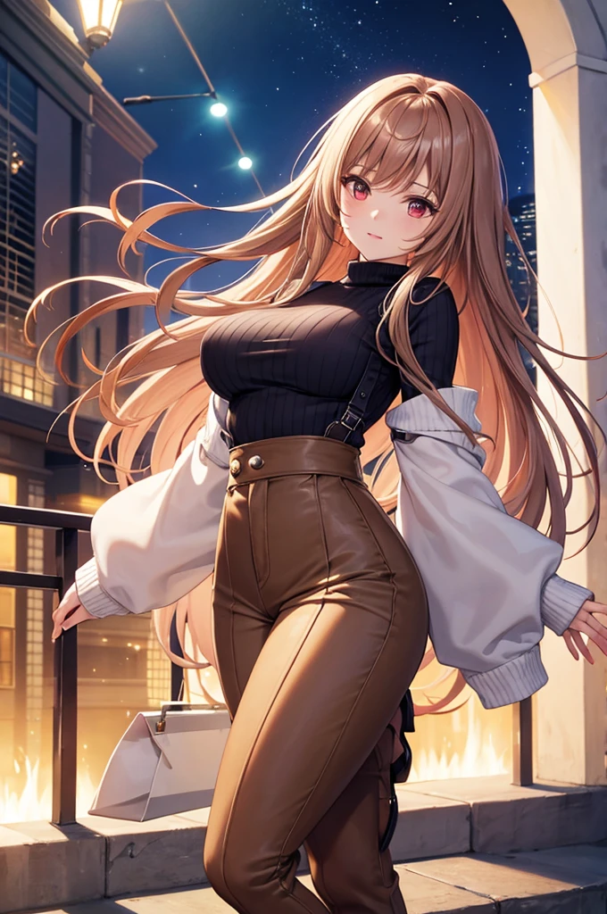 Game , goddess of victory nikke, Rapi , light brown hair,  alluring eyes ,beautiful face , crystal red eyes ,  long hair ,sweater shirt, cream colour shirt, trousers, cheerful eyes, ,g cup breast, slender waist, bewitching thighs, bare feet, five fingers each hand, two hand ,two leg , in town, date, hunch over, standing, beautiful, high heels, night life