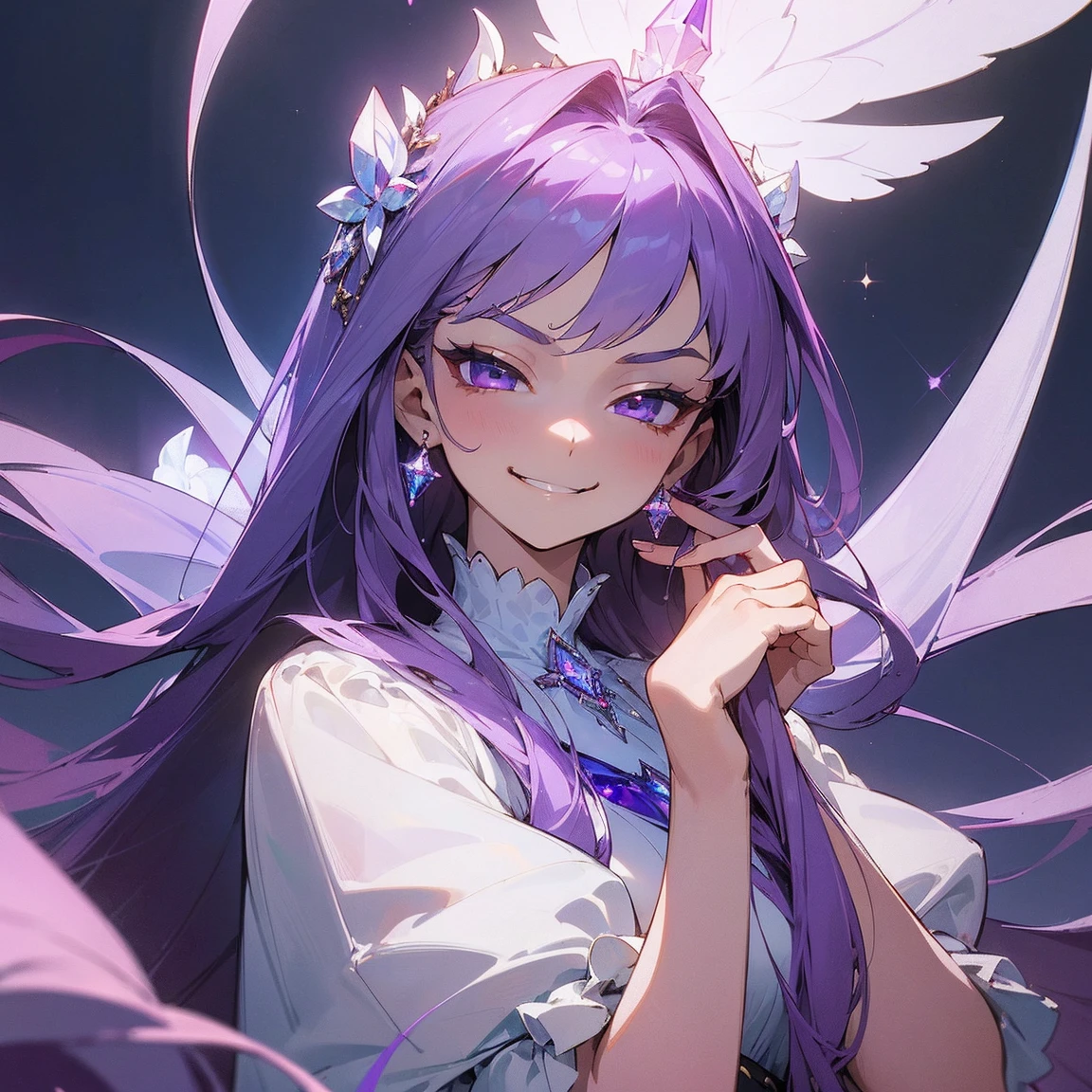 (masterpiece, top quality, best quality, official art, beautiful and aesthetic, absolutely-impressive-detail shadowing:1.2), 1 girl, Goddess, white skin, white blouse with dark purple details, heavenly background, cute, long silky smooth hair, periwinkle hair, very beautiful pretty face, sparkling nice detailed crystal clear purple eyes. (smug, smirking:1.4)