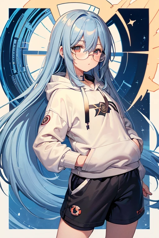 Angelic French doll, stocky, light colored hoodie, in short pants, blue hair ,messy long hair, (anime: 1.2), Wear glasses, asymmetrical bangs, (masterpiece: 1.2), Tengu, fortune teller, to face a headwind