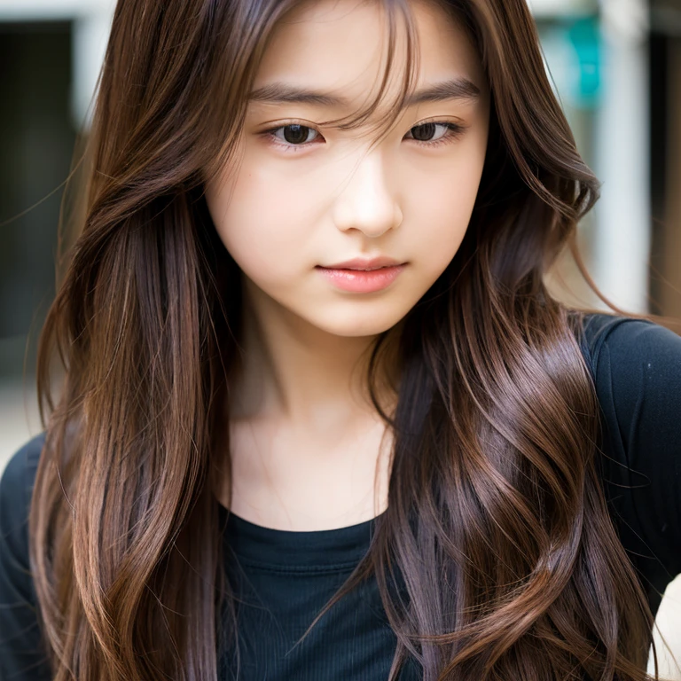 Chiba 4 stores　Long brown hair, pretty face, black clothes, realistic photography, perfect shading, perfect anatomy, precise skin, 15 year old girl, attractive face, looking down