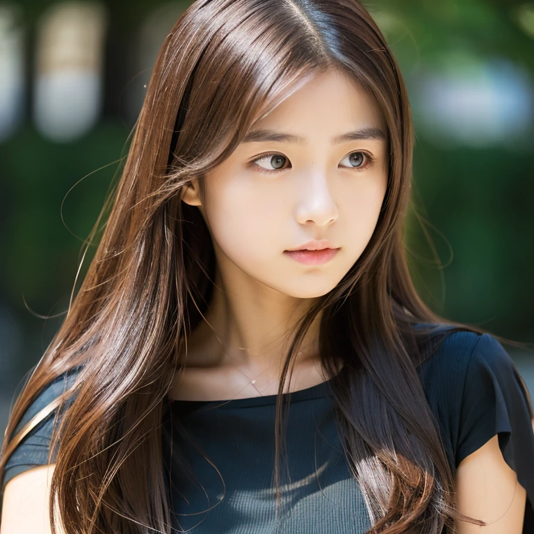 Chiba 4 stores　Long brown hair, pretty face, black clothes, realistic photography, perfect shading, perfect anatomy, precise skin, 15 year old girl, attractive face, looking down